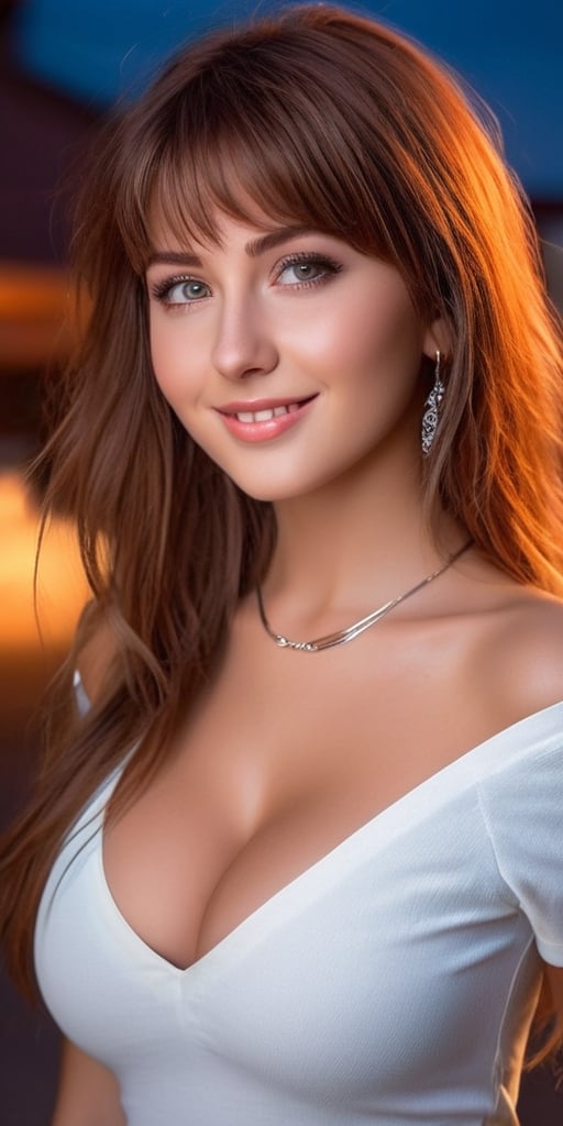 1 girl, very bright backlighting, solo, {beautiful and detailed eyes}, summer night, large breasts, calm expression, natural and soft light, hair blown by the breeze, delicate facial features, Blunt bangs, beautiful russian girl, eye smile, very small earrings, 22yo, ((model pose)), Glamor body type,(colorful hair, Half red and half brown hair:1.2), flim grain, realhands, masterpiece, Best Quality, photorealistic, ultra-detailed, finely detailed, high resolution,brown messy hair, perfect dynamic composition, beautiful detailed eyes, russian girl,((nervous and embarrassed)),sharp-focus, beautymix, FilmGirl,smile,(wearing a white minidress with a bodycon fit and black stockings,off-shoulder_dress,necklace:1.3),(revealing a glimpse of cleavage:1.3),standing,facing reality,giga_busty, cowboy shot