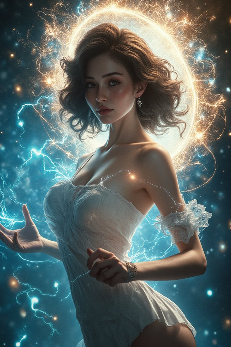 A medium uper torso shot of a beautiful young woman looking directly at the viewer, Halo overhead, holding an energy ball, Spark fluff fire ball lightning whirling Ultra detailed illustration painting of a bedazzling wild enviroment, rule of thirds depth of field intricate details, concept art, subtle colors, fantastical realm, extremely detailed, ultra sharp focus, light particles, attention to detail, grandeur and awe, cinematic, stunning visual masterpiece, double exposure, 8k, photorealistic, strong outlines, dynamic pose,, casting electric thunder spells from her hands in an attacking pose.