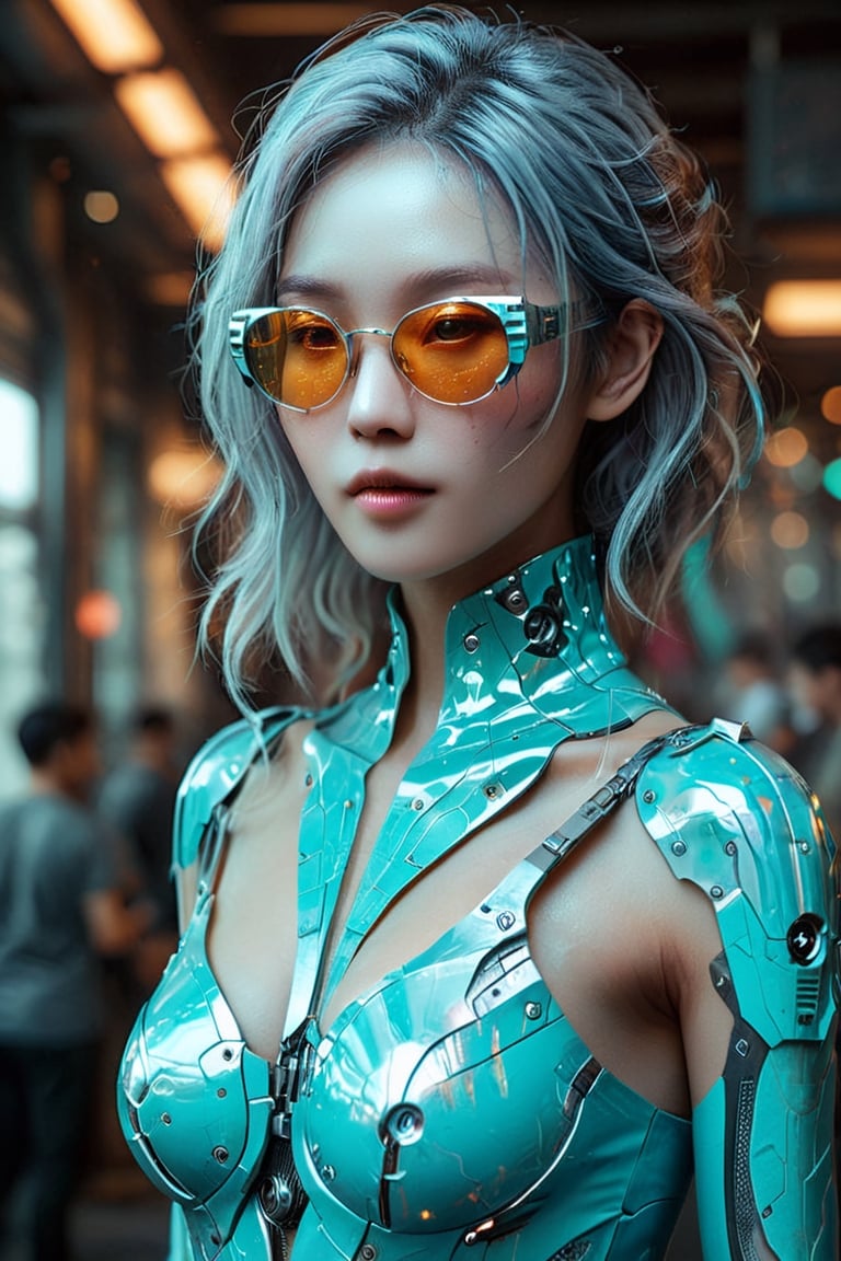 A beautiful young woman is wearing metal for the futurist, cyberpunk, futuristic technology, and girls holding weapons in dazzling colors, wearing science fiction glasses, in the style of yuumei, light turquoise and light silver, waist shot, 8k resolution, joong keun lee, tanya shatseva, light acade,pub background,smile, (oil shiny skin:0.8), (big breast:0.8), (perfect anatomy, prefecthand, long fingers, 4 fingers, 1 thumb), 9 head body lenth, breast apart, looking at viewer, (upper_body:0.8), (view_from_above:1.5), ,more detail XL