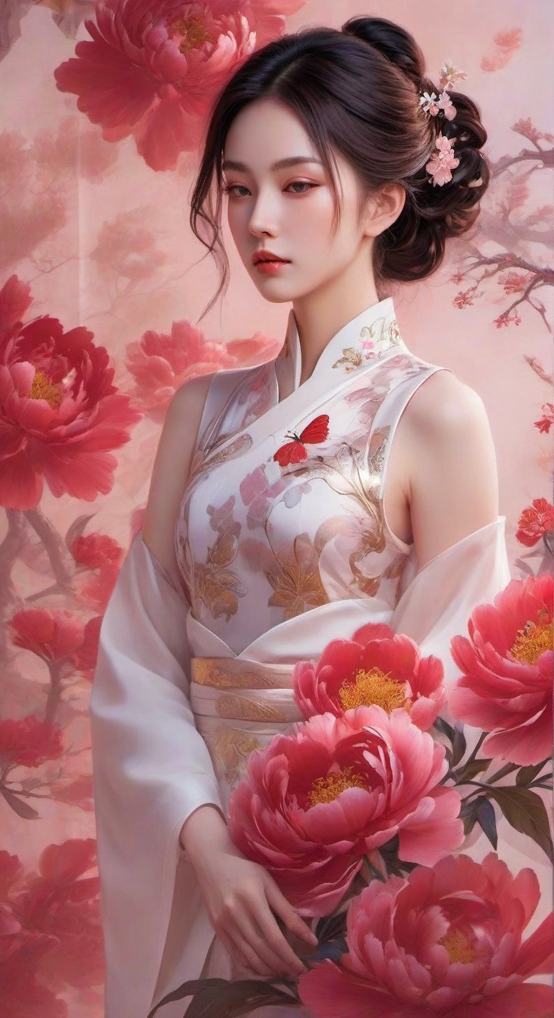 Upper body,from back,A girl, wearing hanfu, peony garden, butterfly, (negative space:1.4), fusion of art nouveau styles with gongbi painting, gold and white and red hue, Mucha style, (Cinematic lighting, ethereal light, intricate details, extremely detailed, incredible details, full colored), complex details, hyper maximalist, gorgeous light and shadow, detailed decoration, detailed lines. masterpiece, best quality, HDR, UHD, unreal engine. looking at the camera, fair skin, beautiful face,  ,smile,,(oil shiny skin:0.8), (big_boobs), willowy, chiseled, (hunky:1.6),(perfect anatomy, prefect hand,), 9 head body lenth, dynamic sexy pose, (artistic pose of awoman),xxmix_girl,minimalist hologram,abyssaltech ,glow,dissolving