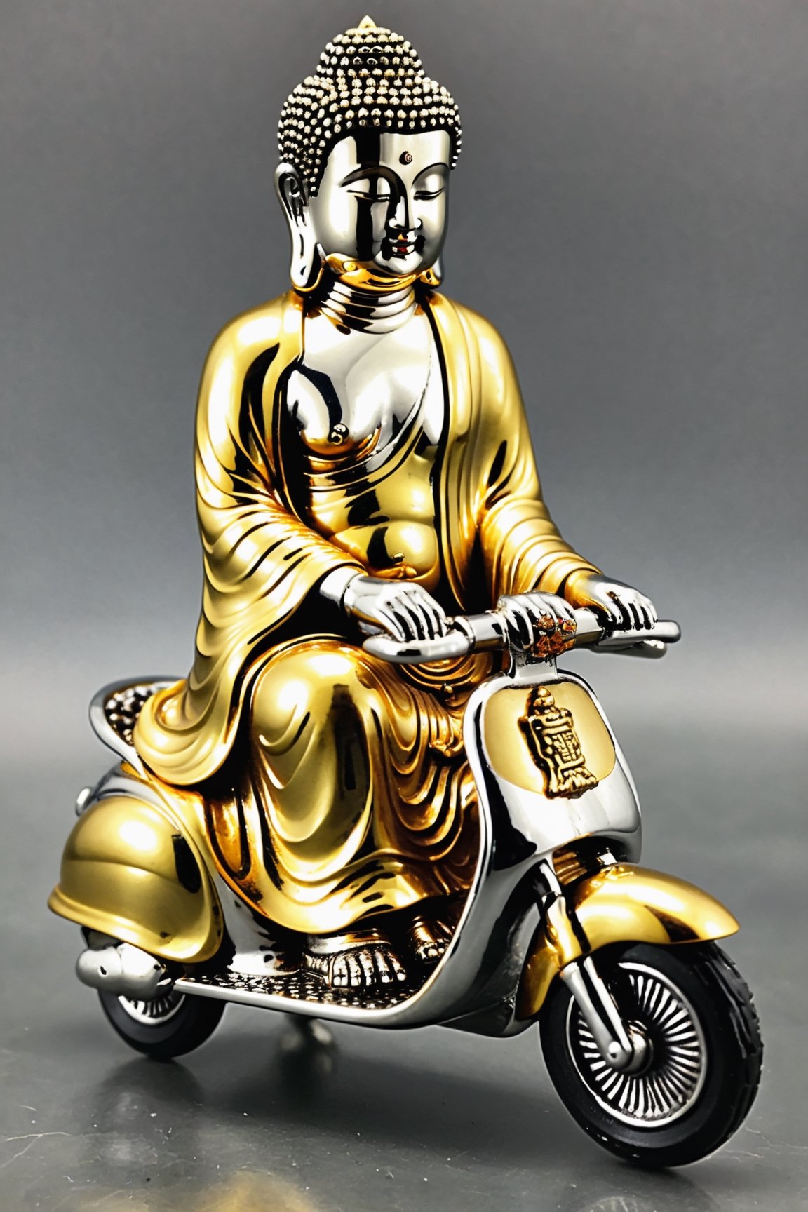 (masterpiece, high detail, best quality),  Buddha riding a scooter,gold chrome Buddha, satin sliver iron,shuicaixiaodian,more detail XL,Vogue