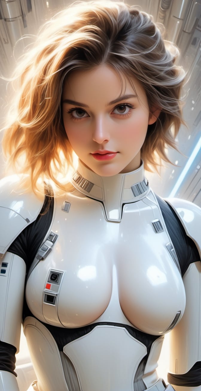 ((beautiful european girl:1.6)), starwars, storm trooper, empire soldier, tight black fullbody suit, black suit, white chest armor, white shoulder armor, white thigh armor, (short hair:1.3), focus, masterpiece, best quality, intricate detailed, Hyperrealistic, absurd res, mature woman, perspective, highly detailed, illustration, 1girl,  (A gorgeous european woman in the spaceship:1.3), symmetry face, sexually suggestive, (perfect hands), detailed fingers, beautiful detailed eyes, detailed background, perfect eyes, seductive eyes, small head, looking at the viewer, wide view, dynamic pose,, ,, smile, (oil shiny skin:1.3), (huge_boobs:2.6), willowy, chiseled, (hunky:2.2), body rotation -90 degree, (perfect anatomy, prefecthand, dress, long fingers, 4 fingers, 1 thumb), 9 head body lenth, dynamic sexy pose, breast apart, ((full body:0.6)), (artistic pose of a woman),DonMF43Dr4g0n ,chrometech,girl,surface imperfections,dripping paint,photo r3al,more detail XL,abstact,colorful