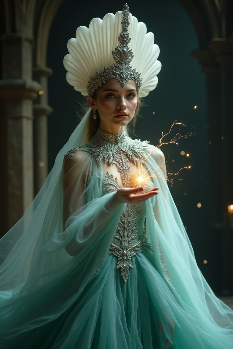 In this majestic upper-body shot, a young female character emerges from darkness, radiating an otherworldly aura. She wears a white seashell-shaped hat adorned with shining silver jewels, complemented by a flowing mantle that drapes elegantly around her shoulders. Her hieratic expression is one of regal poise, as if she's a goddess descending upon the mortal realm. She's dressed in a stunning teal-and-white luxury gown that billows behind her like a misty sea breeze. The fabric shimmers with subtle marine hues, evoking the iridescent colors of seashells and oceanic depths. A dark golden light casts an ethereal glow on her face, illuminating her features as if by moonlight. The background is a dimly lit black gothic cathedral interior, its stone walls and ornate architecture shrouded in mystery. The overall atmosphere is one of mystical reverie, inviting the viewer to step into this enchanting world of wonder.. her hand crackling with huge electricity power as she gazes directly at the camera.,looking at viewer,from front