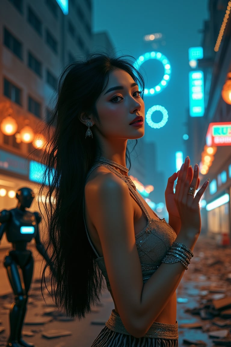 A photorealistic portrait of an oriental beauty bathed in dramatic lighting: soft golden tones illuminate her serene features, while shadows dance across her porcelain skin. Her long black hair flows like silk, adorned with intricate accessories that shimmer under the city's neon glow. She sings with hands dancing in a mesmerizing motion, her piercing blue eyes seeming to pierce the viewer as she gazes into the distance. A circle of power formed by blue flames surrounds her, channeling cosmic energy. In the background, a surreal cityscape floats amidst broken buildings, their windows shattered like diamonds scattered across the dark sky. The distant stars cast long shadows across the streets, while the city's lights reflect off the rubble. Her guardian, a worn but loyal dark metal robot, walks hand-in-hand with her, its glowing visor mirroring her smile as they navigate a rundown cyberpunk city street at night, surrounded by broken neon signs and debris.