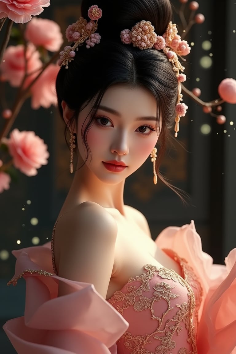 A majestic ancient oriental beauty poses amidst a serene palace setting. The subject's delicate face with exquisite facial features and makeup is framed by a stunning bun, adorned in gorgeous clothes and accessories that exude fairy-like elegance. Peonies and delicate brushwork create a whimsical atmosphere, while water ripples and dark magic hints at mystique. Rotating airflow and advanced light techniques enhance the subject's self-illumination, set against a museum-quality black background with luminous particles. The composition is masterfully balanced, featuring high-definition details, strong contrast, and a sense of story.