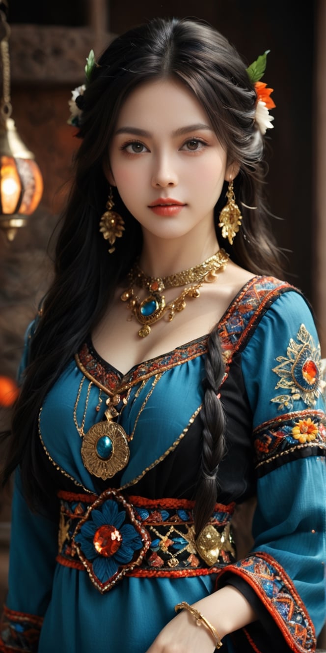 ((medium shot)), Super detailed, super realistic, beastly,beautiful Nordic girl, wears old folk costume, long straight black hair, Yakuts folk costume, beautiful crystal blue eyes, almond eyes, intricate textile decorated with colorful and intricate geometric patterns, arm ornamentation, decorative embroidery. Beautiful crystal blue eyes, almond eyes, intricate fabrics decorated with colorful and intricate geometric patterns, clothes in earth colors such as White red and green,,aw0k euphoric style, ,perfect likeness of TaisaSDXL,dal, smile, (oil shiny skin:1.3), (huge_boobs:2.7), willowy, chiseled, (hunky:2.4), body turn -46 degree, (perfect anatomy, prefecthand, dress, long fingers, 4 fingers, 1 thumb), 9 head body lenth, dynamic sexy pose, breast apart, ((medium shot)), (artistic pose of a woman),chrometech,surface imperfections,DonMChr0m4t3rr4XL ,Leonardo Style,fire element,composed of fire elements,abyssaltech ,Gold Edged Black Rose,dissolving,abyss,ct-niji2,Strong Backlit Particles,DonMCyb3rSp4c3XL,A girl dancing ,more detail XL