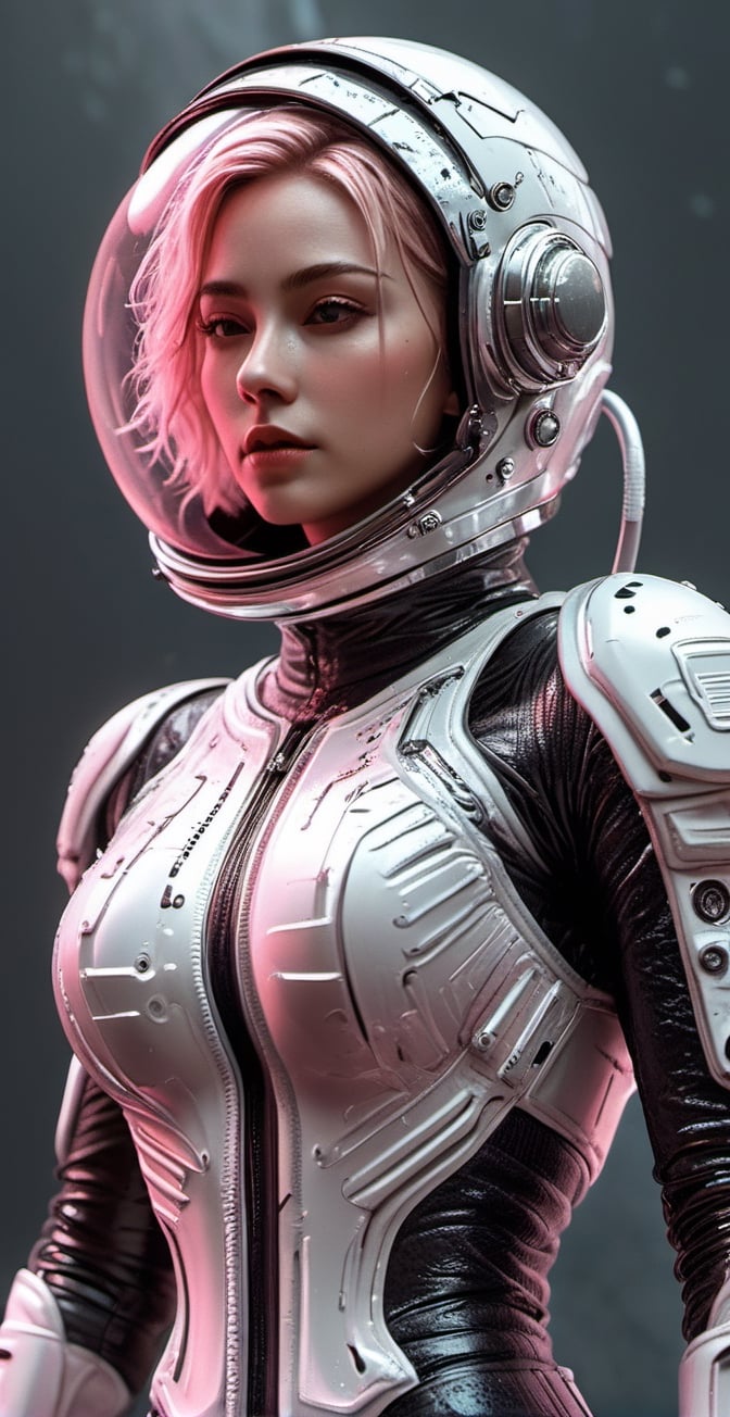 vintage comic book illustration of a astronaut woman at a dystopian frozen planet, wearing white astronaut suit, astronaut helmet, only one woman, short blonde with pink highlights hair, tattooed body, frozen planet in background, aliens in background, sexy body, detailed gorgeous face, Showing small breast under the suit, Full body, apocalyptic environment, exquisite detail, 30-megapixel, 4k, Flat vector art, Vector illustration, Illustration,, smile, (oil shiny skin:1.3), (huge_boobs:2.0), willowy, chiseled, (hunky:2.2), body rotation 90 degree, (perfect anatomy, prefecthand, dress, long fingers, 4 fingers, 1 thumb), 9 head body lenth, dynamic sexy pose, breast apart, ((full body:0.6)), (artistic pose of a woman),DonMF43Dr4g0n ,chrometech,girl,surface imperfections,dripping paint,photo r3al,more detail XL,abstact,colorful,circuitboard,dark futuristic