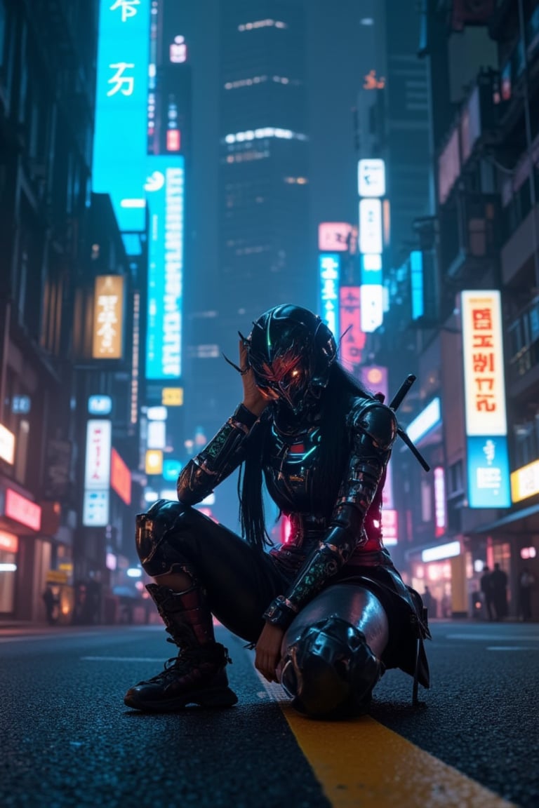 A cityscape shrouded in dim light: neon hues of skyscrapers softened by a misty veil. A cyber girl, radiating power and poise, squats on the asphalt, her luminescent translucent samurai warrior attire glowing amidst the darkness. The warrior's holographic helmet conceals its face, while its armor - a fusion of traditional Japanese design and glowing circuitry - casts an otherworldly glow around the figure, set against the towering buildings looming like sentinels in the shadows.