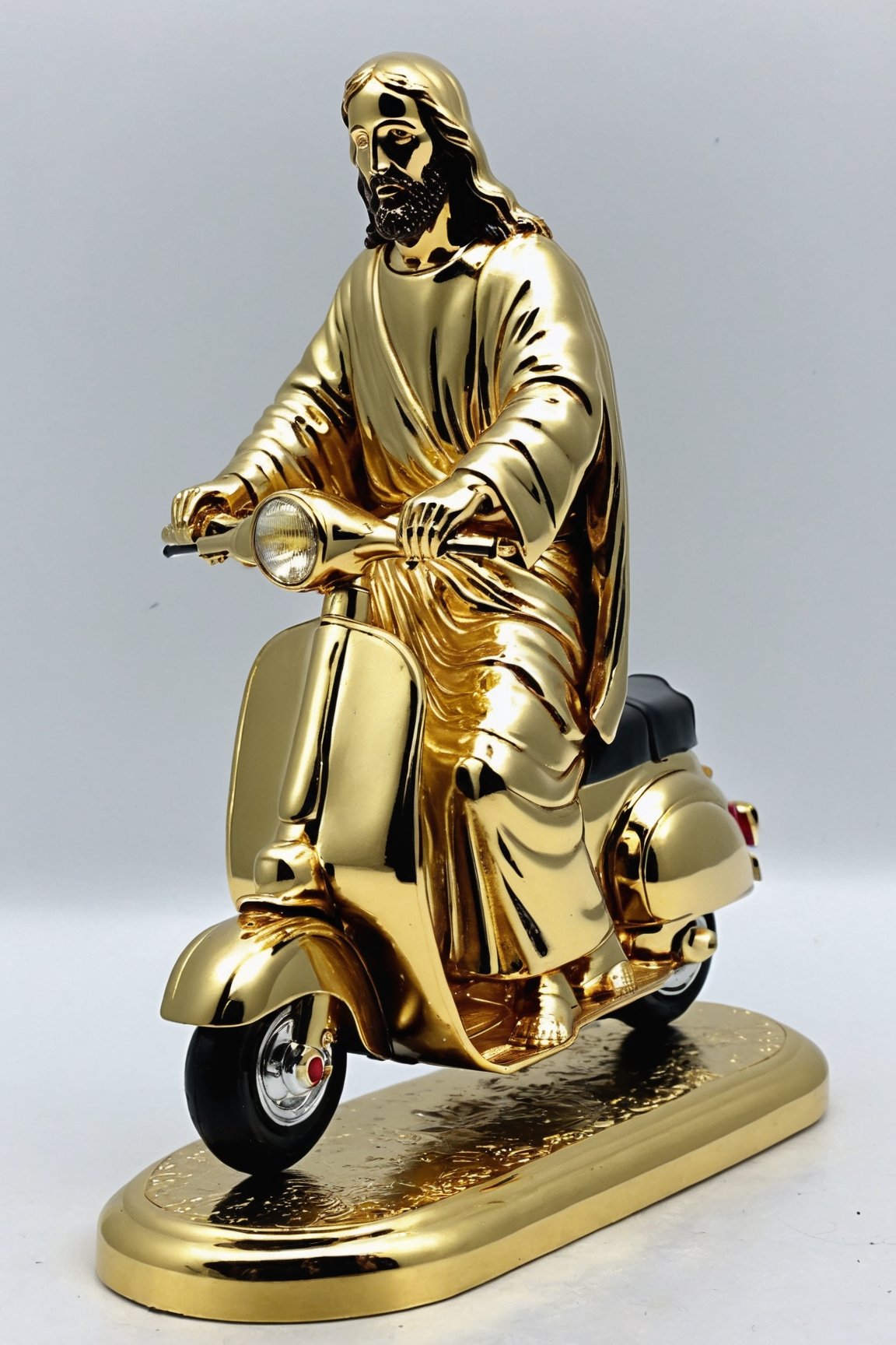 (masterpiece, high detail, best quality),  Jesus riding a scooter,gold chrome Jesus, satin sliver iron,more detail XL,3l3ctronics,JPO