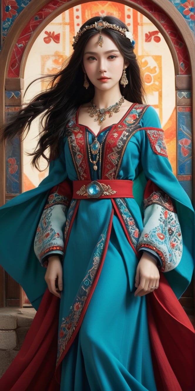 ((medium shot)), Super detailed, super realistic, beastly,beautiful Nordic girl, wears old folk costume, long straight black hair, Yakuts folk costume, beautiful crystal blue eyes, almond eyes, intricate textile decorated with colorful and intricate geometric patterns, arm ornamentation, decorative embroidery. Beautiful crystal blue eyes, almond eyes, intricate fabrics decorated with colorful and intricate geometric patterns, clothes in earth colors such as White red and green,,aw0k euphoric style, ,perfect likeness of TaisaSDXL,dal, smile, (oil shiny skin:1.3), (huge_boobs:2.7), willowy, chiseled, (hunky:2.4), body turn -46 degree, (perfect anatomy, prefecthand, dress, long fingers, 4 fingers, 1 thumb), 9 head body lenth, dynamic sexy pose, breast apart, ((medium shot)), (artistic pose of a woman),chrometech,surface imperfections,DonMChr0m4t3rr4XL ,Leonardo Style,fire element,composed of fire elements,abyssaltech ,Gold Edged Black Rose,dissolving,abyss,ct-niji2,Strong Backlit Particles,DonMCyb3rSp4c3XL,A girl dancing ,more detail XL