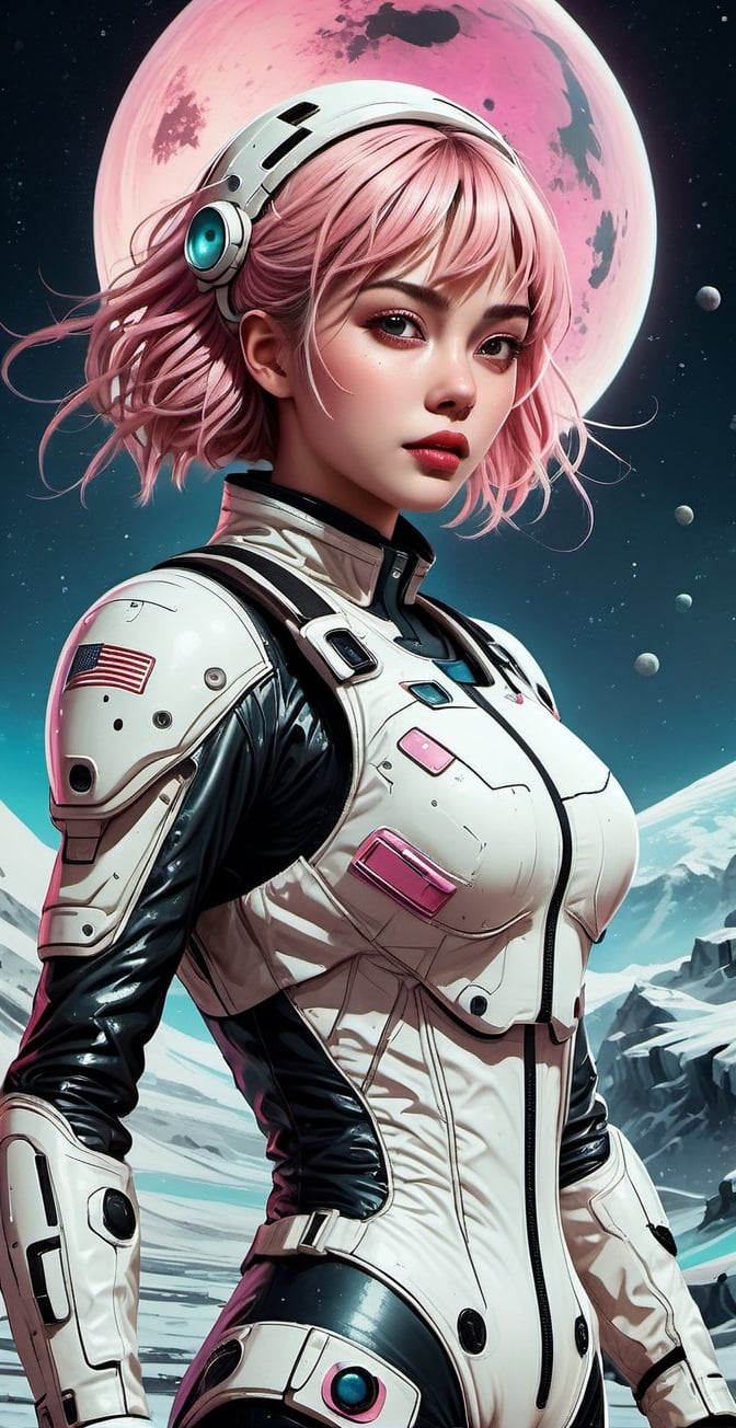 vintage comic book illustration of a astronaut woman at a dystopian frozen planet, wearing white astronaut suit, astronaut helmet, only one woman, short blonde with pink highlights hair, tattooed body, frozen planet in background, aliens in background, sexy body, detailed gorgeous face, Showing small breast under the suit, Full body, apocalyptic environment, exquisite detail, 30-megapixel, 4k, Flat vector art, Vector illustration, Illustration,, smile, (oil shiny skin:1.3), (huge_boobs:2.0), willowy, chiseled, (hunky:2.2), body rotation 90 degree, (perfect anatomy, prefecthand, dress, long fingers, 4 fingers, 1 thumb), 9 head body lenth, dynamic sexy pose, breast apart, ((full body:0.6)), (artistic pose of a woman),DonMF43Dr4g0n ,chrometech,girl,surface imperfections,dripping paint,photo r3al,more detail XL,abstact,colorful,circuitboard,dark futuristic