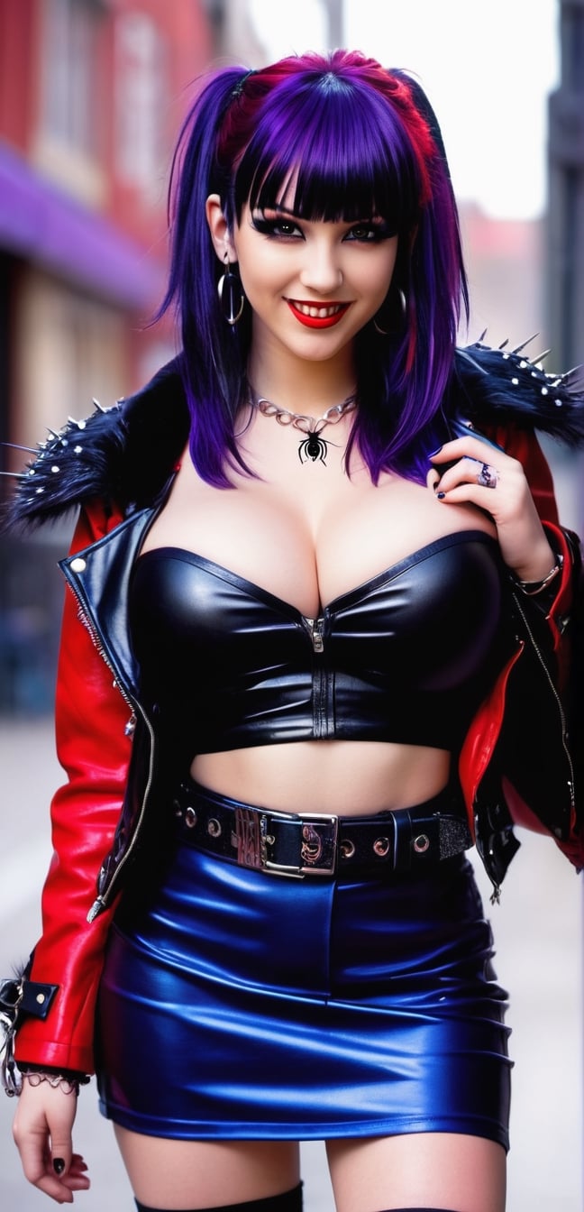 Upper body,High resolution, full detailed, better image quality, Believe me a beautiful goth girl, who has dark purple hair with Half-sided bangs painted pure red, with a short shirt that shows the spider logo,huge fur black glitter jacket,with a mini skirt, with black boots, with a punk style big bracelet, and the punk style belt, on a sunny day, street,perfect light,, smile,(oil shiny skin:1.0), (big_boobs:2.3), willowy, chiseled, (hunky:2.2),(( body rotation -90 degree)), (upper body:1.4),(perfect anatomy, prefecthand, dress, long fingers, 4 fingers, 1 thumb), 9 head body lenth, dynamic sexy pose, breast apart, (artistic pose of awoman),