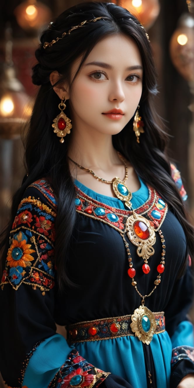 ((medium shot)), Super detailed, super realistic, beastly,beautiful Nordic girl, wears old folk costume, long straight black hair, Yakuts folk costume, beautiful crystal blue eyes, almond eyes, intricate textile decorated with colorful and intricate geometric patterns, arm ornamentation, decorative embroidery. Beautiful crystal blue eyes, almond eyes, intricate fabrics decorated with colorful and intricate geometric patterns, clothes in earth colors such as White red and green,,aw0k euphoric style, ,perfect likeness of TaisaSDXL,dal, smile, (oil shiny skin:1.3), (huge_boobs:2.7), willowy, chiseled, (hunky:2.4), body turn -46 degree, (perfect anatomy, prefecthand, dress, long fingers, 4 fingers, 1 thumb), 9 head body lenth, dynamic sexy pose, breast apart, ((medium shot)), (artistic pose of a woman),chrometech,surface imperfections,DonMChr0m4t3rr4XL ,Leonardo Style,fire element,composed of fire elements,abyssaltech ,Gold Edged Black Rose,dissolving,abyss,ct-niji2,Strong Backlit Particles,DonMCyb3rSp4c3XL,A girl dancing ,more detail XL