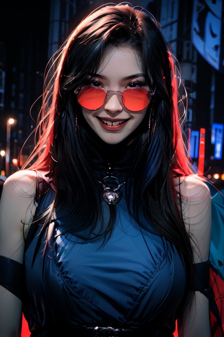 ,  absurdres, upper body, (night market background,), sunglasses, 1girl, solo, looking at viewer, tinted eyewear, blue theme, looking over eyewear, blue-tinted eyewear, black dress, sleeveless, smile, (oil shiny skin:0.8), (big breast:0.8), (perfect anatomy, prefecthand, long fingers, 4 fingers, 1 thumb), 9 head body lenth, breast apart, looking at viewer, (upper_body:1.2), (view_from_below:1.3),  