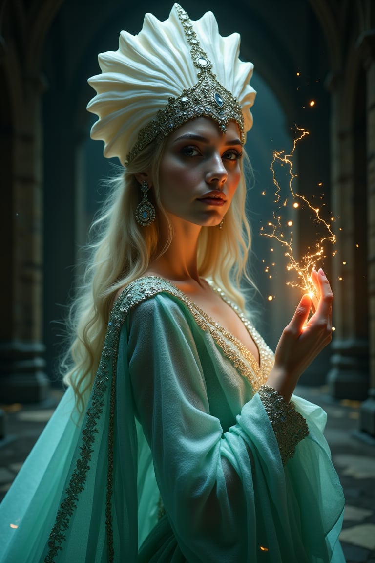 In this majestic upper-body shot, a young female character emerges from darkness, radiating an otherworldly aura. She wears a white seashell-shaped hat adorned with shining silver jewels, complemented by a flowing mantle that drapes elegantly around her shoulders. Her hieratic expression is one of regal poise, as if she's a goddess descending upon the mortal realm. She's dressed in a stunning teal-and-white luxury gown that billows behind her like a misty sea breeze. The fabric shimmers with subtle marine hues, evoking the iridescent colors of seashells and oceanic depths. A dark golden light casts an ethereal glow on her face, illuminating her features as if by moonlight. The background is a dimly lit black gothic cathedral interior, its stone walls and ornate architecture shrouded in mystery. The overall atmosphere is one of mystical reverie, inviting the viewer to step into this enchanting world of wonder.. her hand crackling with huge electricity power as she gazes directly at the camera.,looking at viewer,from front