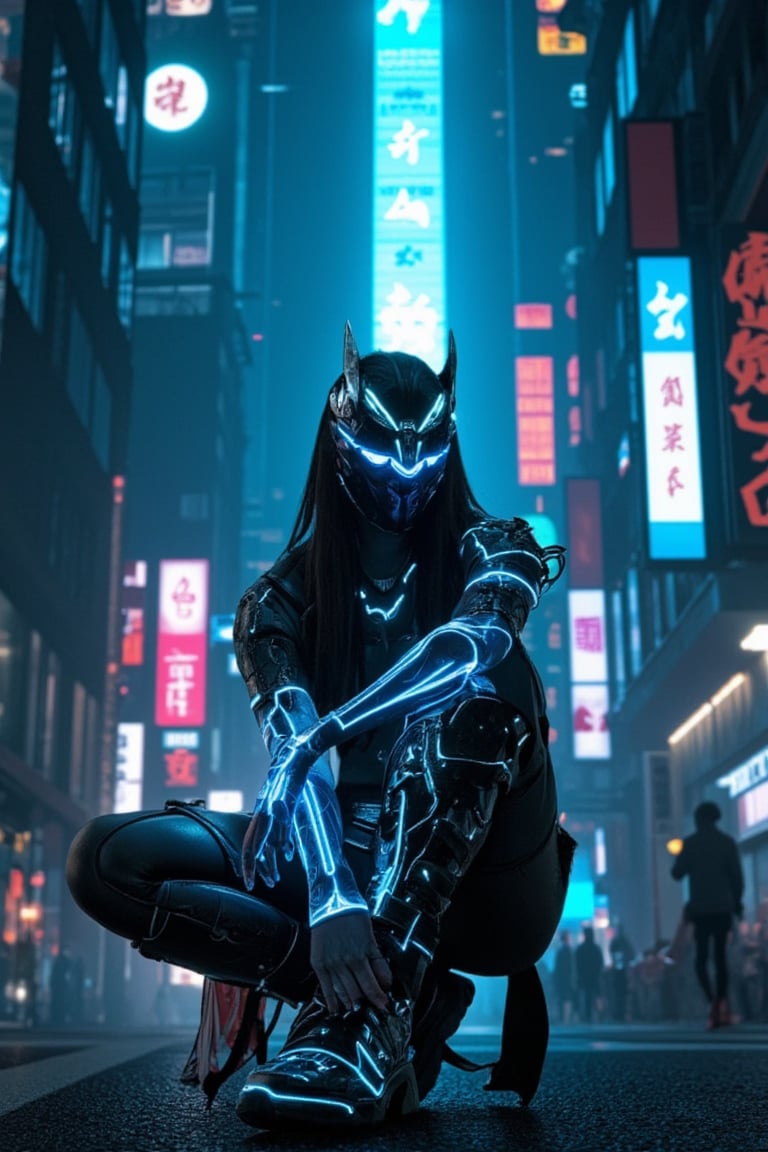 Upper body,A cityscape shrouded in dim light: neon hues of skyscrapers softened by a misty veil. A cyber girl, radiating power and poise, squats on the asphalt, her luminescent translucent samurai warrior attire glowing amidst the darkness. The warrior's holographic helmet conceals its face, while its armor - a fusion of traditional Japanese design and glowing circuitry - casts an otherworldly glow around the figure, set against the towering buildings looming like sentinels in the shadows.,explosion unclear street background,