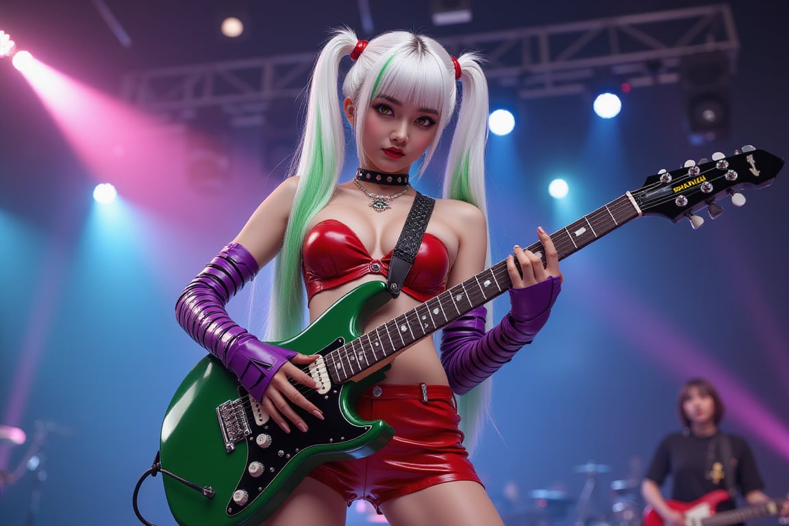 Extremely Realistic, realistic, masterpiece, 16k, 1girl, solo, looking at viewer, red latex shorts, (purple thigh highs, black tiger stripe pattern), (purple fingerless elbow gloves, black tiger stripe pattern), two-tone hair, long white hair, green streak in hair, red ankle boots,, midriff, green nail polish, collar, (red latex crop top, black tiger stripe pattern) purple eyeshadow, black mascara, purple lipstick, spiked collar, neon lights, concert stage, perfect eyes, perfect anatomy, yellow eyes, highly detailed eyes, perfect makeup, playing instrument, green guitar, laser light show, stage lights, rock and roll vibes,