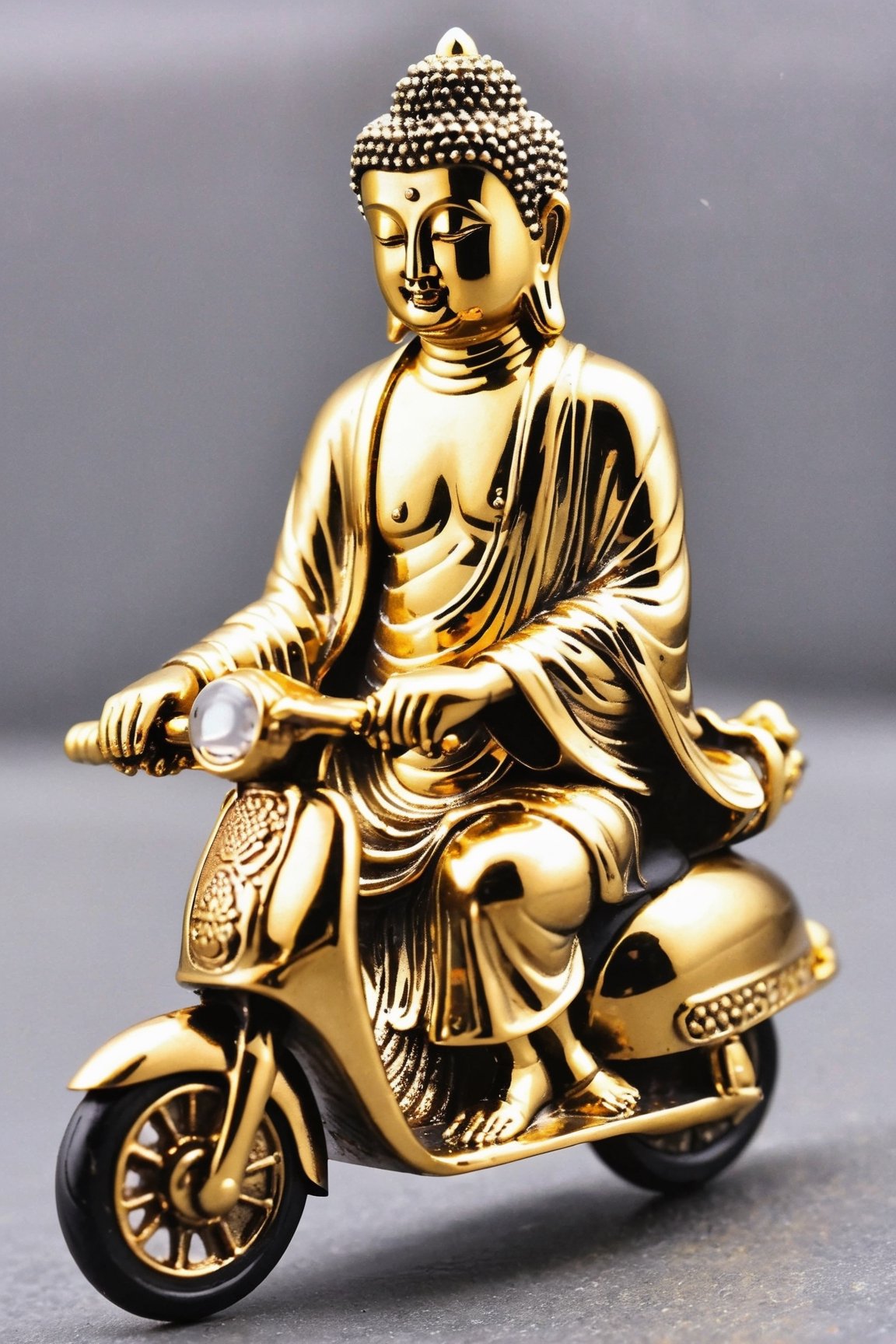 (masterpiece, high detail, best quality),  Buddha riding a scooter,gold chrome Buddha, satin sliver iron,shuicaixiaodian