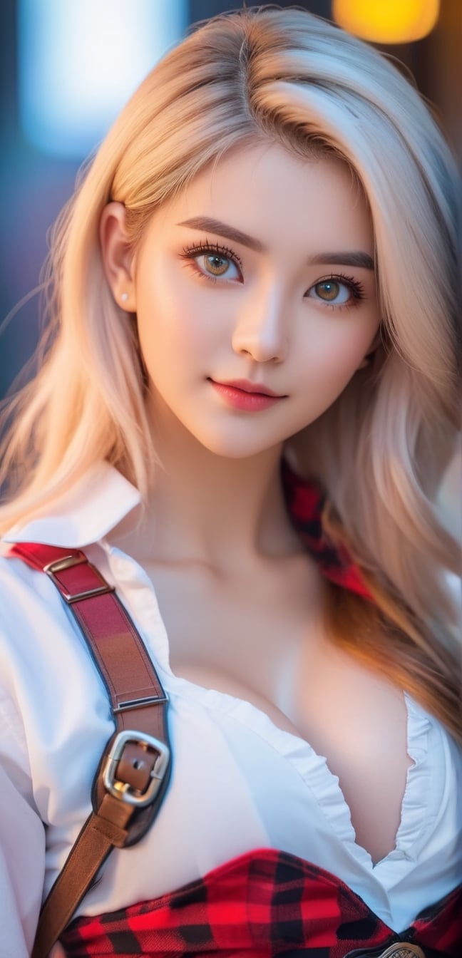 medium shot,4k,best quality,masterpiece,1 American girl, a girl,blond hair, 4k,best quality,masterpiece,20yo 1girl, solo, looking at viewer, close mouth,blond_hair, yellow eyes, white hair, male focus, multicolored hair, two-tone hair, grey eyes, heterochromia, pointing, split-color hair (highly clear face,very cute,Extremely cure beauty,Sexy self-confidence,proud and independent,Clear perfect eyes,phenomenal aesthetic,Amazing photos),Cinematic Lighting,narrow_waist,slender face,skinny,street at night,red plaid pleated skirt,long hair,(sexy transparent Nike logo white shirt:1.1) , smile,(oil shiny skin:1.0), (big_boobs:2.0), willowy, chiseled, (hunky:2.6),(( body rotation 120 degree)), (perfect anatomy, prefecthand, dress, long fingers, 4 fingers, 1 thumb), 9 head body lenth, dynamic sexy pose, breast apart, (artistic pose of awoman),(PnMakeEnh),Extremely Realistic,Vibrant colors palettes,better photography,steampunk style,steampunk