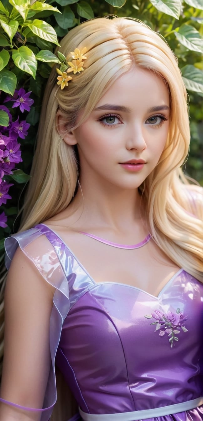 Upper body,4k,best quality,masterpiece,1 American girl, 1 girl,(blond hair,streaked hair, long hair, hime cut,), 1 girl, upper body close-up, blond hair, flowing hair, hazy beauty, extremely beautiful facial features, yellow embroidered dress, hair clip on the head, lying in the bushes, purple flowers, (spring, rainy days, terraces, mountains), simple vector art, contemporary European art, soft light, layered form, seen from above,minimalist hologram,glow