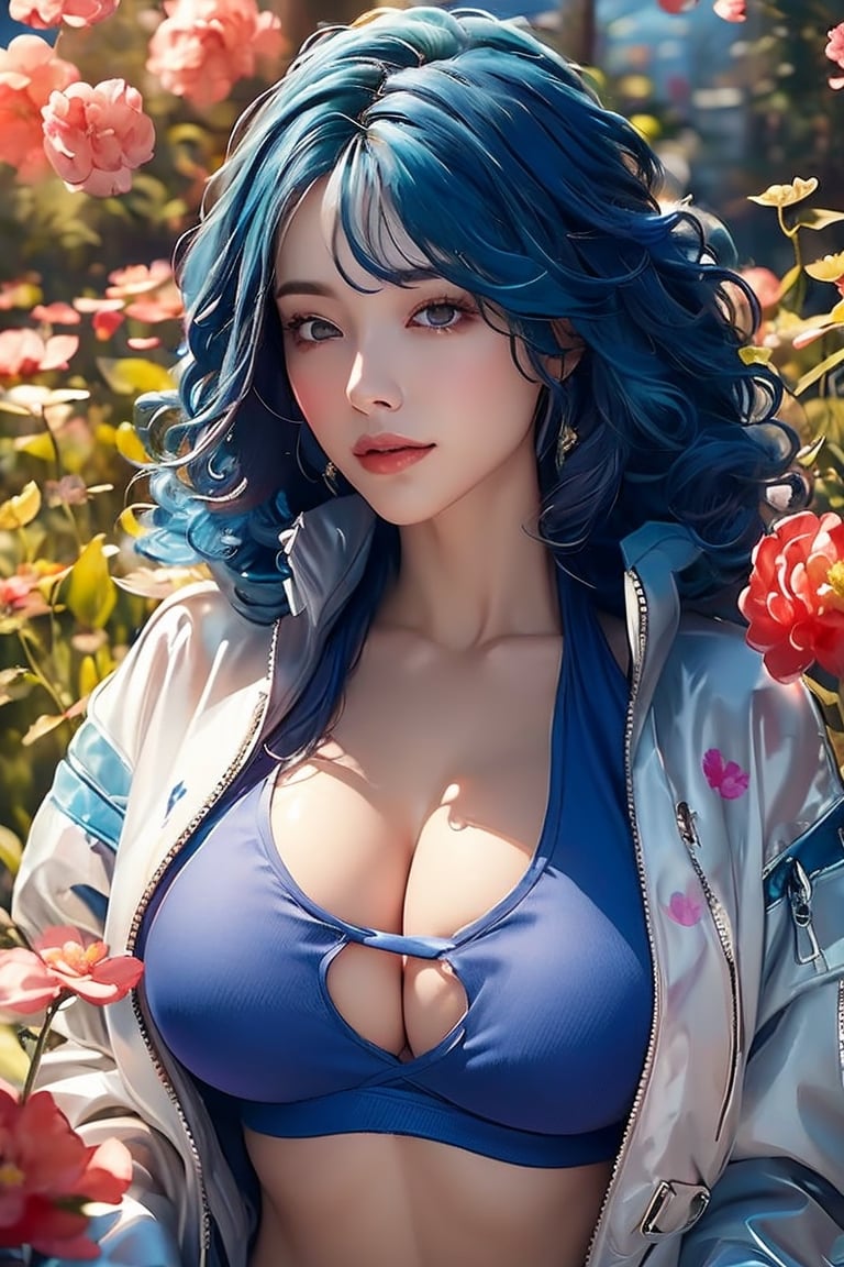 In a dreamy and ethereal setting, the woman is depicted floating in a cloud of mist and soft light. Her body is surrounded by delicate flowers that seem to bloom from her very essence, symbolizing the beauty and vitality of femininity.(deep blue hair :1.5),(long curly hir:1.5)The colors used are pastel and muted, creating a serene and tranquil atmosphere. The composition is organic and flowing, with the woman’s body forming graceful curves that harmonize with the natural elements around her. The overall mood is one of enchantment and mystique, evoking a sense of wonder and reverence for the feminine form.,Transparent Glass Flowers,girl, (flower_pattern _open_track_jacket:1.5), (crop t-shirt:1.5), pants,Botanical Garden background, anime style. smile, (oil shiny skin:1.15), (big breast:1.5), cleavage cutouts, (perfect anatomy, prefecthand, long fingers, 4 fingers, 1 thumb), 9 head body lenth, breast apart, looking at viewer, (view_from_above:1.3),