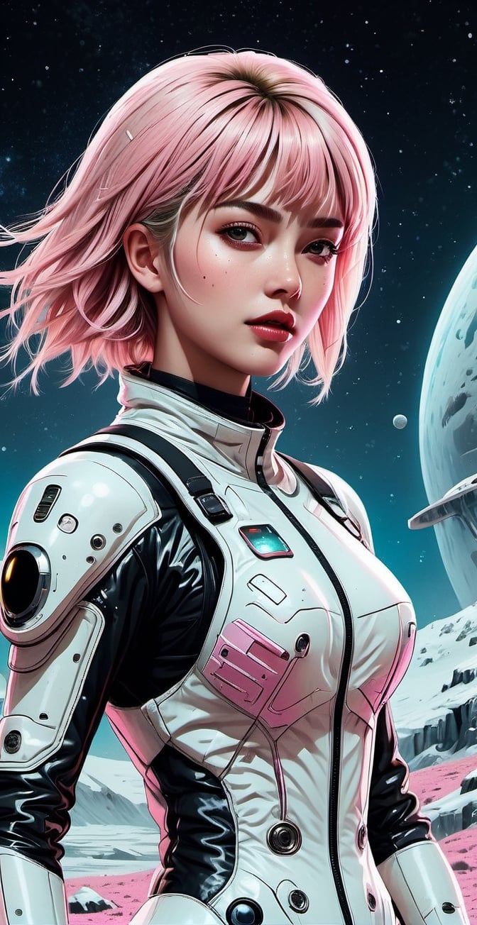 vintage comic book illustration of a astronaut woman at a dystopian frozen planet, wearing white astronaut suit, astronaut helmet, only one woman, short blonde with pink highlights hair, tattooed body, frozen planet in background, aliens in background, sexy body, detailed gorgeous face, Showing small breast under the suit, Full body, apocalyptic environment, exquisite detail, 30-megapixel, 4k, Flat vector art, Vector illustration, Illustration,, smile, (oil shiny skin:1.3), (huge_boobs:2.0), willowy, chiseled, (hunky:2.2), body rotation 90 degree, (perfect anatomy, prefecthand, dress, long fingers, 4 fingers, 1 thumb), 9 head body lenth, dynamic sexy pose, breast apart, ((full body:0.6)), (artistic pose of a woman),DonMF43Dr4g0n ,chrometech,girl,surface imperfections,dripping paint,photo r3al,more detail XL,abstact,colorful,circuitboard,dark futuristic