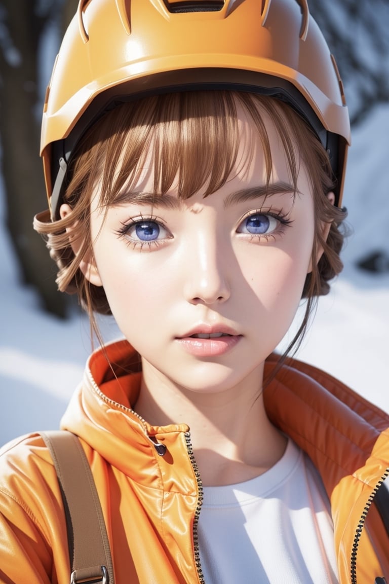 hinatamiyake, ,hinata miyake, short hair, brown hair, (brown eyes:1.5),BREAK jacket, helmet, orange jacket, orange helmet,BREAK outdoors, snow, ice, snowflake,BREAK looking at viewer,BREAK (lyco:GoodHands-beta2:1), (masterpiece:1.2), best quality, high resolution, unity 8k wallpaper, (illustration:0.8), (beautiful detailed eyes:1.6), extremely detailed face, perfect lighting, extremely detailed CG, (perfect hands, perfect anatomy),