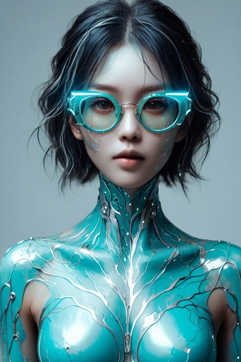 A beautiful young woman is wearing metal for the futurist, cyberpunk, futuristic technology, and girls holding weapons in dazzling colors, wearing science fiction glasses, in the style of yuumei, light turquoise and light silver, waist shot, 8k resolution, joong keun lee, tanya shatseva, light acade, smile, (oil shiny skin:0.8), (big breast:0.8), (perfect anatomy, prefecthand, long fingers, 4 fingers, 1 thumb), 9 head body lenth, breast apart, looking at viewer, (upper_body:0.8), (view_from_behind:1.5), 