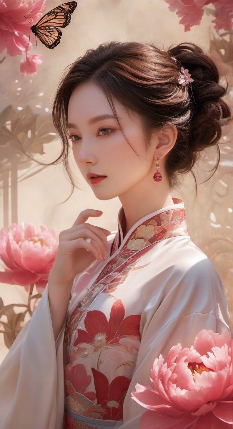 Upper body,from below,A girl, wearing hanfu, peony garden, butterfly, (negative space:1.4), fusion of art nouveau styles with gongbi painting, gold and white and red hue, Mucha style, (Cinematic lighting, ethereal light, intricate details, extremely detailed, incredible details, full colored), complex details, hyper maximalist, gorgeous light and shadow, detailed decoration, detailed lines. masterpiece, best quality, HDR, UHD, unreal engine. looking at the camera, fair skin, beautiful face,  ,smile,,(oil shiny skin:0.8), (big_boobs), willowy, chiseled, (hunky:1.6),(perfect anatomy, prefect hand,), 9 head body lenth, dynamic sexy pose, (artistic pose of awoman),xxmix_girl,minimalist hologram,abyssaltech ,glow,dissolving,abyss