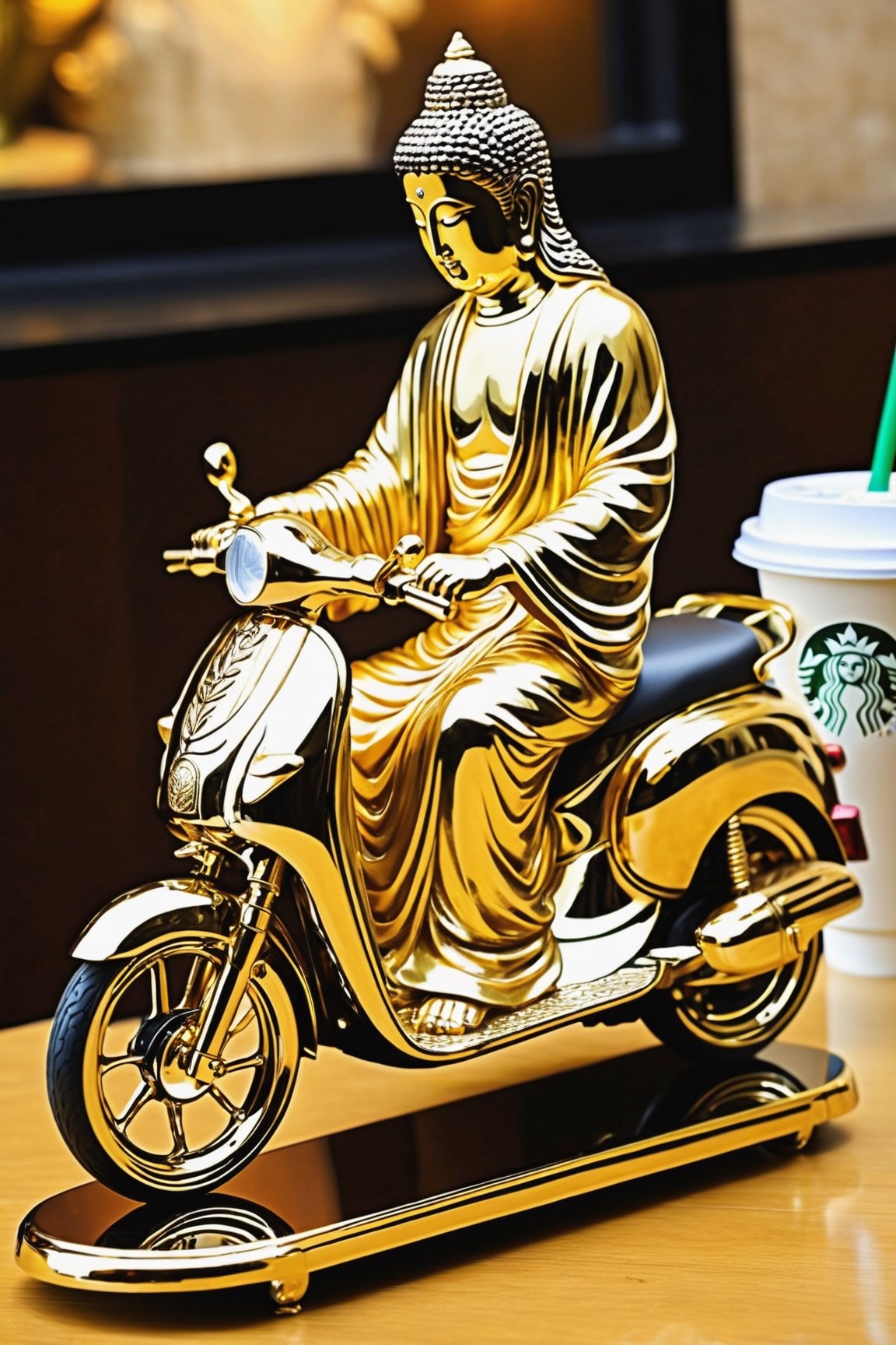 (masterpiece, high detail, best quality),  Bodhisattva riding a scooter,gold chrome Jesus, satin sliver iron, holding lotus,more detail ,beside table in Starbucks coffee store ,