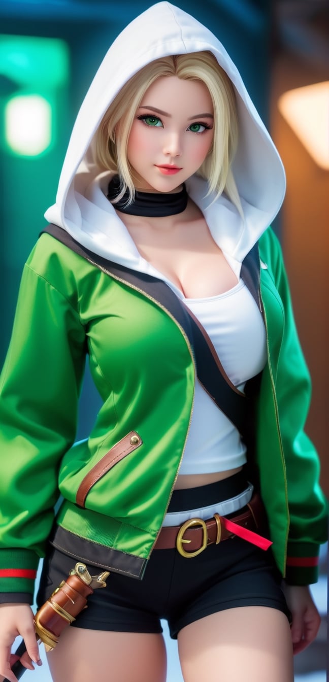 medium shot,4k,best quality,masterpiece,1 American girl, a girl,blond hair, 4k,best quality,masterpiece,20yo 1girl, solo, The picture shows a character wearing a white hooded jacket and black shorts. The character is wearing a green scarf that partially covers. on his belt is a white one katana. The background is filled with snowfall, creating a cold atmosphere.. 8K. add milieu glasses that emphasise her stern look., smile,(oil shiny skin:1.0), (big_boobs:2.0), willowy, chiseled, (hunky:2.6),(( body rotation 120 degree)), (perfect anatomy, prefecthand, dress, long fingers, 4 fingers, 1 thumb), 9 head body lenth, dynamic sexy pose, breast apart, (artistic pose of awoman),(PnMakeEnh),Extremely Realistic,Vibrant colors palettes,better photography,steampunk style,steampunk