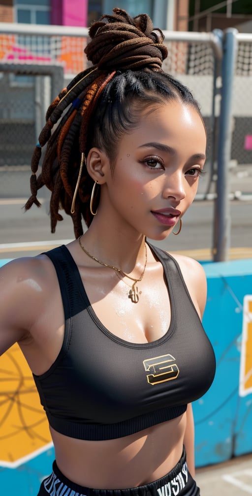 Upper body , 1girl, solo, sweaty,Beautiful black female basketball player, posing at an urban basketball court in the Bronx, dreadlocks, holds up a basketball, stylish graffiti on the wall, ,blurry street background ,smile,,(oil shiny skin:0.8), (big_boobs), willowy, chiseled, (hunky:1.6),(perfect anatomy, prefect hand,), 9 head body lenth, dynamic sexy pose, (artistic pose of awoman),from_above