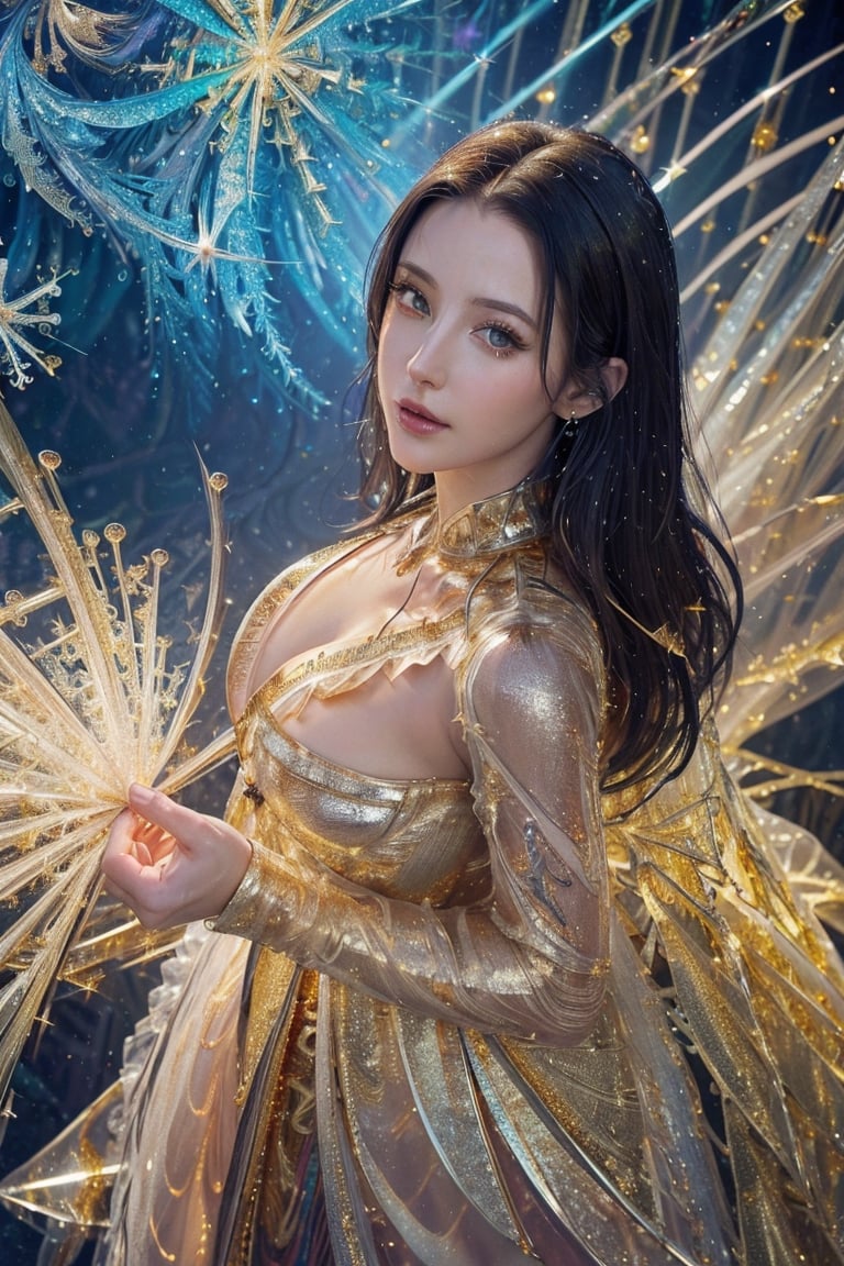 (masterpiece, top quality, best quality, official art, beautiful and aesthetic:1.2), (1girl), extreme detailed,(abstract, fractal art:1.3),colorful hair,highest detailed, detailed_eyes, fire, water, ice, lightning, light_particles, ghost sexy battle dress ,beatiful lines,(sparkling gold dress:1.5),resolute eyes,angelawhite,more detail, smile, (oil shiny skin:1.2), (middle breast:1.5), (perfect anatomy, long fingers, 4 fingers, 1 thumb), nine head high length, breast apart, (cowboy shot:1.3), looking at viewer, (viewed_from_above:1.3),more detail 