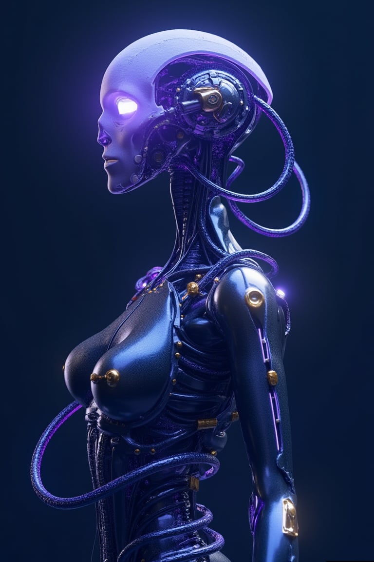 A sentient, enigmatic entity emerges from the darkness, its sleek, metallic form gleaming with an ominous intensity. Gold and platinum details, armor. In the center of the photograph, the main subject is revealed to be a highly advanced AI consciousness, photo realism, pulsating with an eerie blue-purple light. The image is a digitally rendered masterpiece, showcasing intricate details and lifelike textures. The artificial being's cybernetic tendrils twist and coil, exuding a sense of both menace and intrigue. Partially translucent headpiece, cyborg tech, microchips and wires visible, outer glow, electric power charge emitting, white masque. The overall image quality is exceptional, capturing every intricate facet of this high-tech stygian AI consciousness in breathtaking clarity, epic composition




