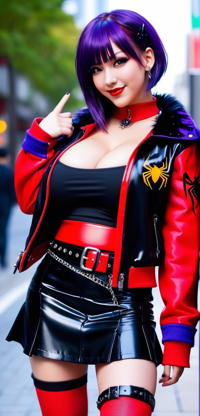 Upper body,High resolution, full detailed, better image quality, Believe me a beautiful goth girl, who has dark purple hair with Half-sided bangs painted pure red, with a short shirt that shows the spider logo,huge fur black glitter jacket,with a mini skirt, with black boots, with a punk style big bracelet, and the punk style belt, on a sunny day, Tokyo street background ,perfect light,, smile,(oil shiny skin:1.0), (big_boobs:2.3), willowy, chiseled, (hunky:2.2),(( body rotation -90 degree)), (upper body:1.4),(perfect anatomy, prefecthand, dress, long fingers, 4 fingers, 1 thumb), 9 head body lenth, dynamic sexy pose, breast apart, (artistic pose of awoman),