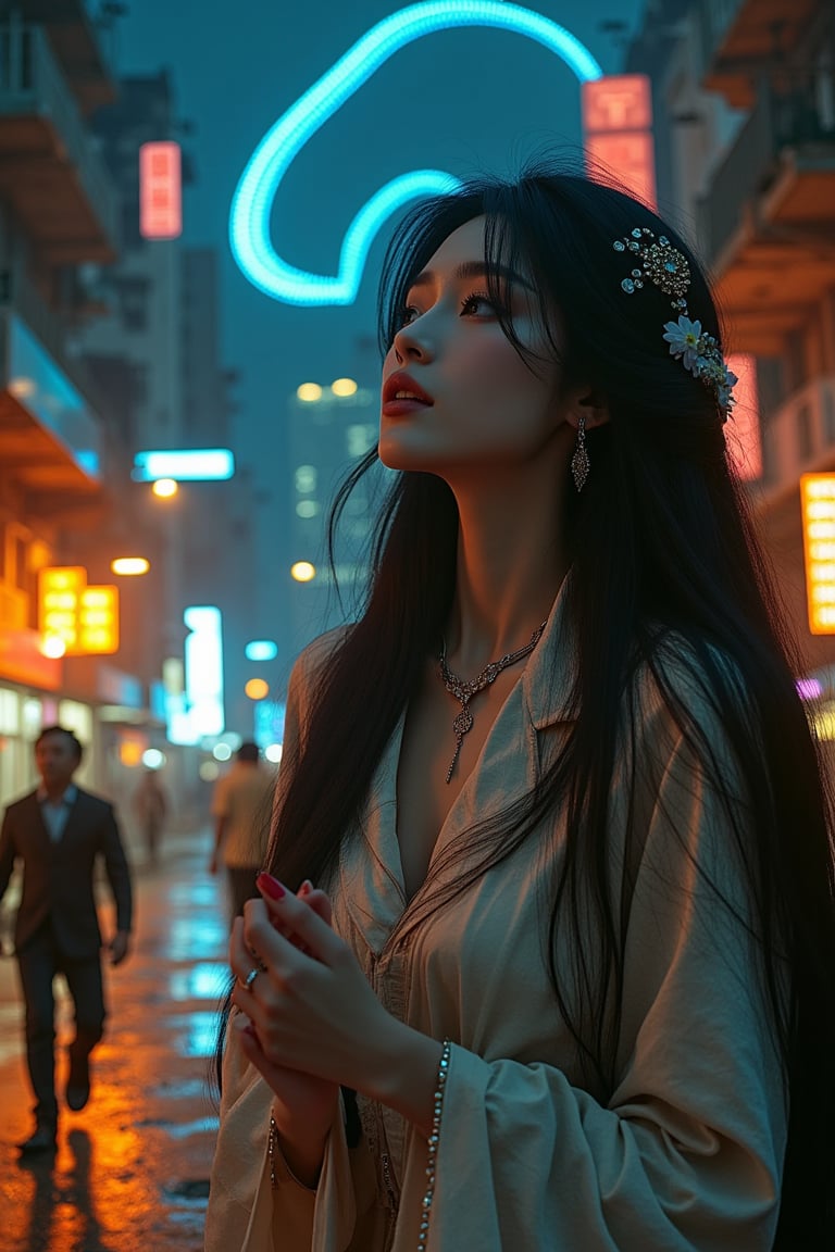 A photorealistic portrait of an oriental beauty bathed in dramatic lighting: soft golden tones illuminate her serene features, while shadows dance across her porcelain skin. Her long black hair flows like silk, adorned with intricate accessories that shimmer under the city's neon glow. She sings with hands dancing in a mesmerizing motion, her piercing blue eyes seeming to pierce the viewer as she gazes into the distance. A circle of power formed by blue flames surrounds her, channeling cosmic energy. In the background, a surreal cityscape floats amidst broken buildings, their windows shattered like diamonds scattered across the dark sky. The distant stars cast long shadows across the streets, while the city's lights reflect off the rubble. Her guardian, a worn but loyal dark metal robot, walks hand-in-hand with her, its glowing visor mirroring her smile as they navigate a rundown cyberpunk city street at night, surrounded by broken neon signs and debris.