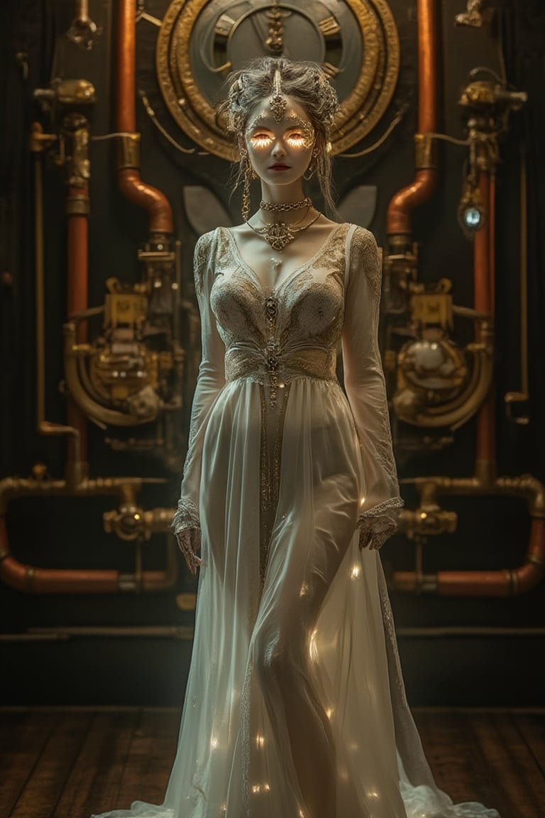 Upper body,In a dimly lit, Victorian-era inspired setting, a stunning clockwork automaton woman stands poised, surrounded by intricate copper pipes, brass fixtures, and vintage machinery. Her porcelain-like skin glistens in the warm lighting, showcasing the subtle play of gears beneath her delicate features. A flowing, lace-trimmed dress hugs her hourglass figure, while steam-powered mechanisms hum softly, subtly animating her movements. Her eyes, aglow with an ethereal light, exude intelligence and mystery as she stands, poised like a timepiece, embodying the essence of steampunk artistry.