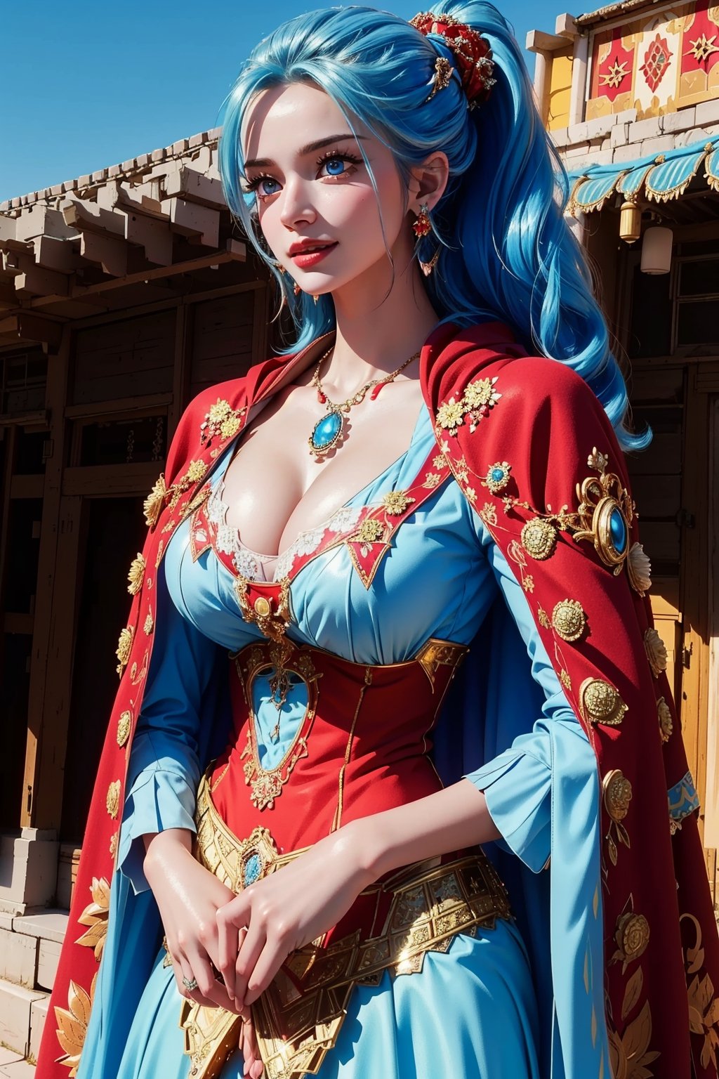 masterpiece, ((ultra detailed background, delicate pattern, intricate detail)), (highly detailed, fine details), best quality, beautiful lighting, (portrait), NefertariViviV3, 1girl, long hair, blue hair, solo, jewelry, earrings, ((red cape, white dress, simple dress)), ponytail, hair ornament, necklace, sky, blue eyes, complex detailed background, outside, sunny, desert town environment, buildings, town, market, hair lift, hands behind back, smile, (shiny oil skin:1.2),(gigantic breast:1.0),cleavage outent,NefertariViviV3, light blue hair, ,More Detail