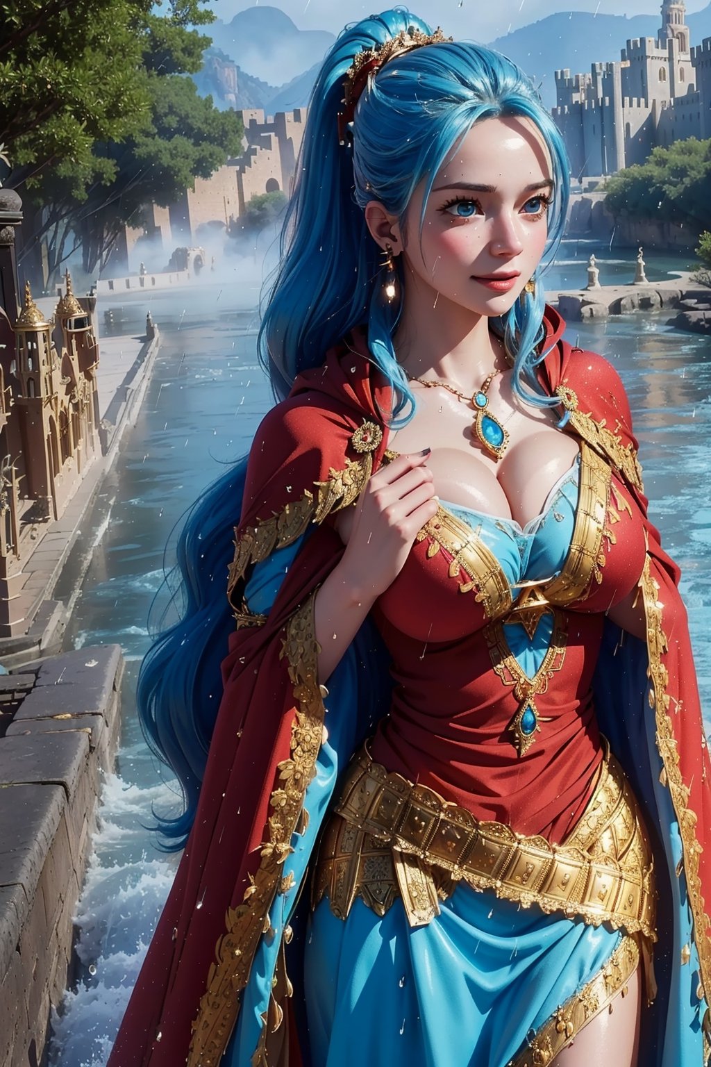 masterpiece, ((ultra detailed background, delicate pattern, intricate detail)), (highly detailed, fine details), best quality, beautiful lighting, NefertariViviV3, 1girl, long hair, blue hair, solo, jewelry, earrings, ((red cape, white dress, simple dress)), ponytail, hair ornament, necklace, sky, blue eyes, complex detailed background, outside, sunny, desert town environment, buildings, town, market, hair lift, hands behind back, smile, (shiny oil skin:1.2),(gigantic breast:1.0),cleavage outent,NefertariViviV3, light blue hair,(dynamic view:1.8),dynamic pose,More Detail,rush raining(water drop:1.2),foggy, town,castle,church,trees,road,natural_backgroun, 