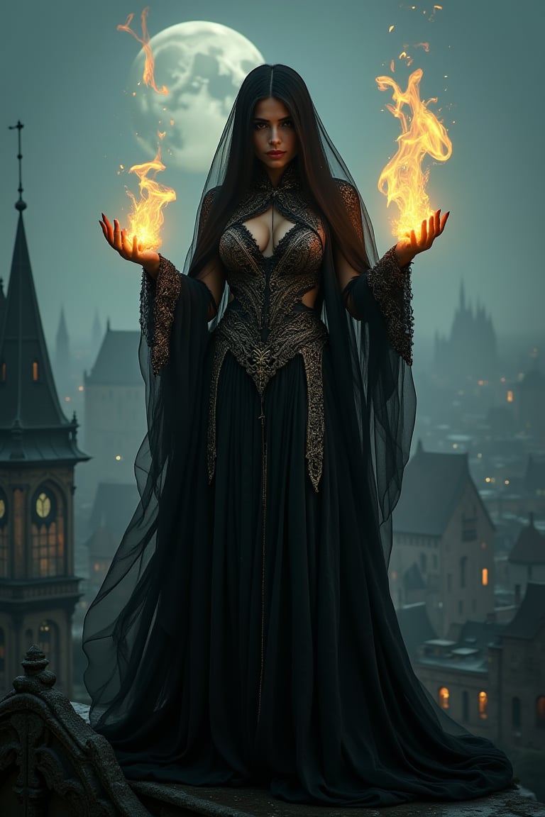 A mystical femme fatale perches on a gargoyle's edge, half-face obscured by a silky black veil, as she surveys a cityscape of gothic spires under a moonlit sky. Her ornate attire glimmers with intricate patterns, accentuating her enigmatic allure. The protagonist's outer glow separates her from the muted background. With palms upturned and arms tense, she assumes a powerful push pose, warning against encroachment. As she raises her hands, fiery yellow energy bursts forth, arcing through the air in swift succession before dissipating amidst the outdoor , mysterious backdrop.,from front ,looking at viewer,