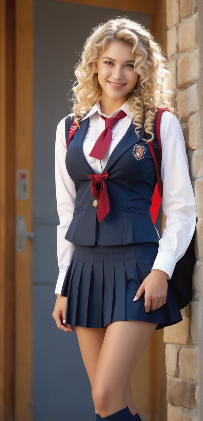 4k,best quality,masterpiece,20yo 1 Greek girl, a girl,blond hair,high school student,girl,long curly hair,school uniform(ribbon,laced blouse and suit),back_pack,at school wall,Best Quality, 32k, photorealistic, ultra-detailed, finely detailed, high resolution, perfect dynamic composition, beautiful detailed eyes, sharp-focus, cowboy_shot,, smile,(oil shiny skin:1.0), (big_boobs:2.0), willowy, chiseled, (hunky:2.6),(( body rotation 120 degree)), (upper body:2),(perfect anatomy, prefecthand, dress, long fingers, 4 fingers, 1 thumb), 9 head body lenth, dynamic sexy pose, breast apart, (artistic pose of awoman),(PnMakeEnh),DonMChr0m4t3rr4XL ,LuminescentCL,DonM3l3m3nt4lXL,DonMW15pXL