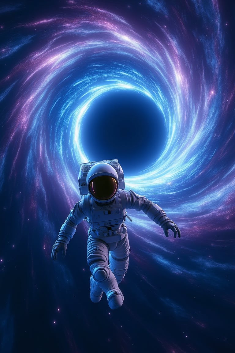 upper body,A highly detailed 5K, cinematic photograph of a dramatic 3D illustration, set against a vast, starry space background, depicting a massive, swirling black hole with vibrant, electric blue and purple hues, its event horizon warping and twisting the fabric of space-time. In the foreground, a lone astronaut, clad in a sleek, white spacesuit with a reflective, gold-tinted visor, is plummeting headfirst towards the black hole's void, their body stretched out in a desperate, futile attempt to escape the gravitational pull. The astronaut's facial features are obscured by the visor, but their skin tone is a warm, golden brown. The image is rendered in a gritty, realistic science fiction style, with subtle, filmic grain and textures that evoke a sense of unease and cosmic horror.looking at veiwer,astronaut is closely viewer.


