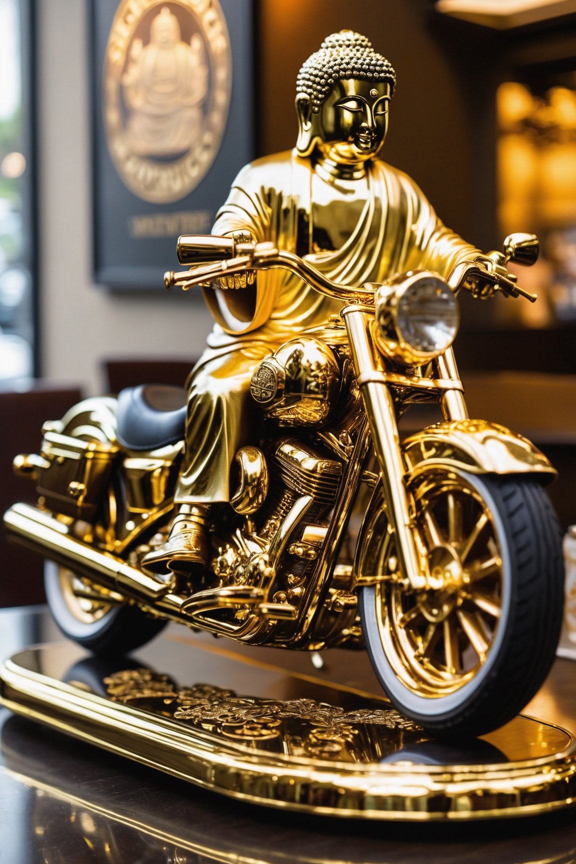 (masterpiece, high detail, best quality),  Buddha riding a Harley motorcycle,gold chrome Jesus, satin sliver iron,more detail ,beside table in Starbucks coffee store ,