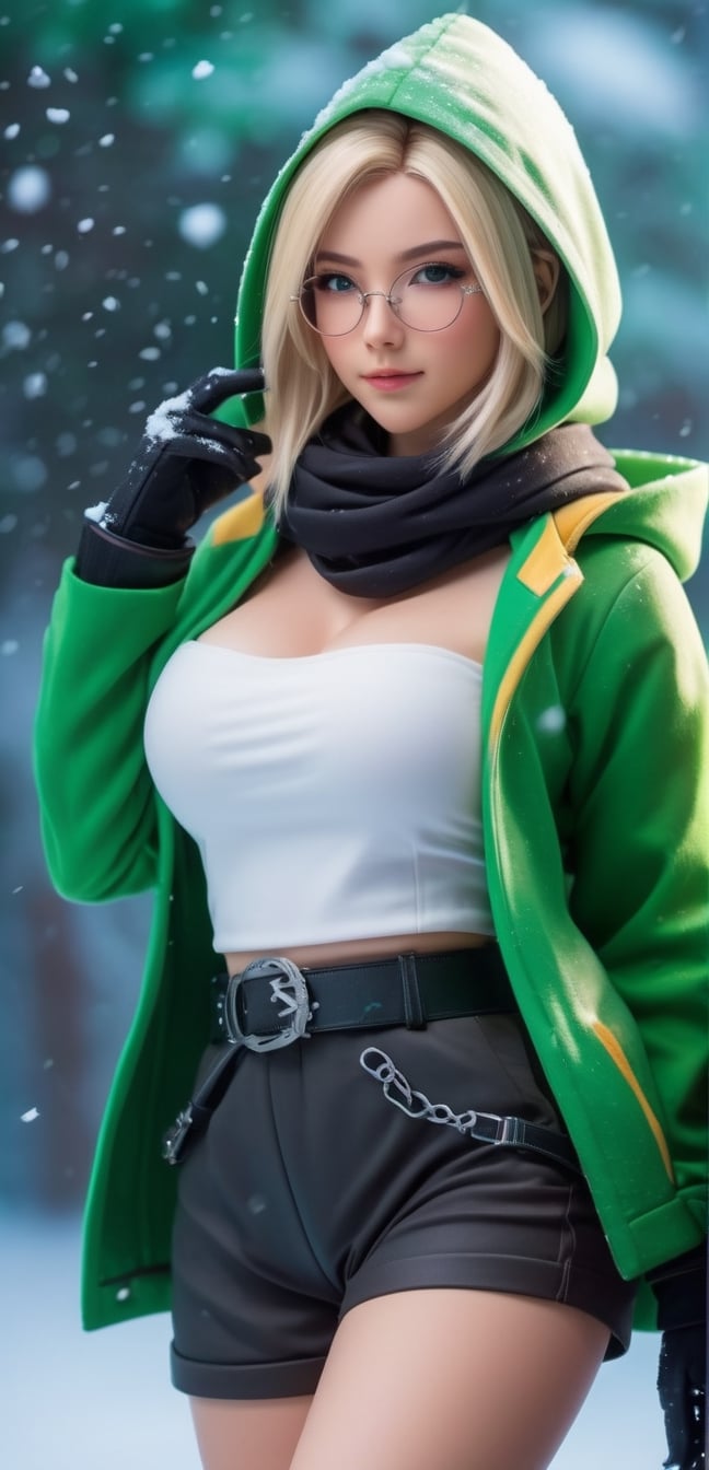 medium shot,4k,best quality,masterpiece,1 American girl, a girl,blond hair, 4k,best quality,masterpiece,20yo 1girl, solo, The picture shows a character wearing a white hooded jacket and black shorts. The character is wearing a green scarf that partially covers the lower part of his face. on his belt is a white one katana. The background is filled with snowfall, creating a cold atmosphere. make anime girl. 8K. add milieu glasses that emphasise her stern look., smile,(oil shiny skin:1.0), (big_boobs:2.0), willowy, chiseled, (hunky:2.6),(( body rotation 120 degree)), (perfect anatomy, prefecthand, dress, long fingers, 4 fingers, 1 thumb), 9 head body lenth, dynamic sexy pose, breast apart, (artistic pose of awoman),(PnMakeEnh),Extremely Realistic,Vibrant colors palettes,better photography,steampunk style,steampunk