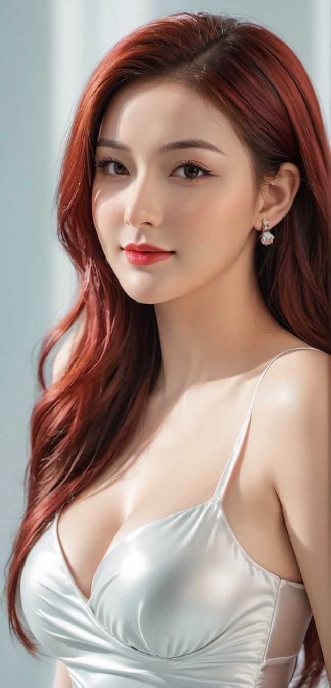 full body ,4k,best quality,masterpiece,1 American girl, 1 girl,(red hair,streaked hair, multicolored hair, very long hair,), A photography of jewelry , feeling of transparency, white skin, (white_skin: 1.2), sexy face, sexy body, perfect body, fully white abstract background, simple dress, jewellery, red lips, beautiful face, detailed body, ultra realistic, bodyshot, beautiful scence(straight_stand_pose: 0.0),,smile,(oil shiny skin:1.0), (big_boobs:1.9), willowy, chiseled, (hunky:2.6),(( body rotation 120 degree)), (perfect anatomy, prefecthand, dress, long fingers, 4 fingers, 1 thumb), 9 head body lenth, dynamic sexy pose, breast apart, (artistic pose of awoman),NIJI STYLE, cinematic moviemaker style