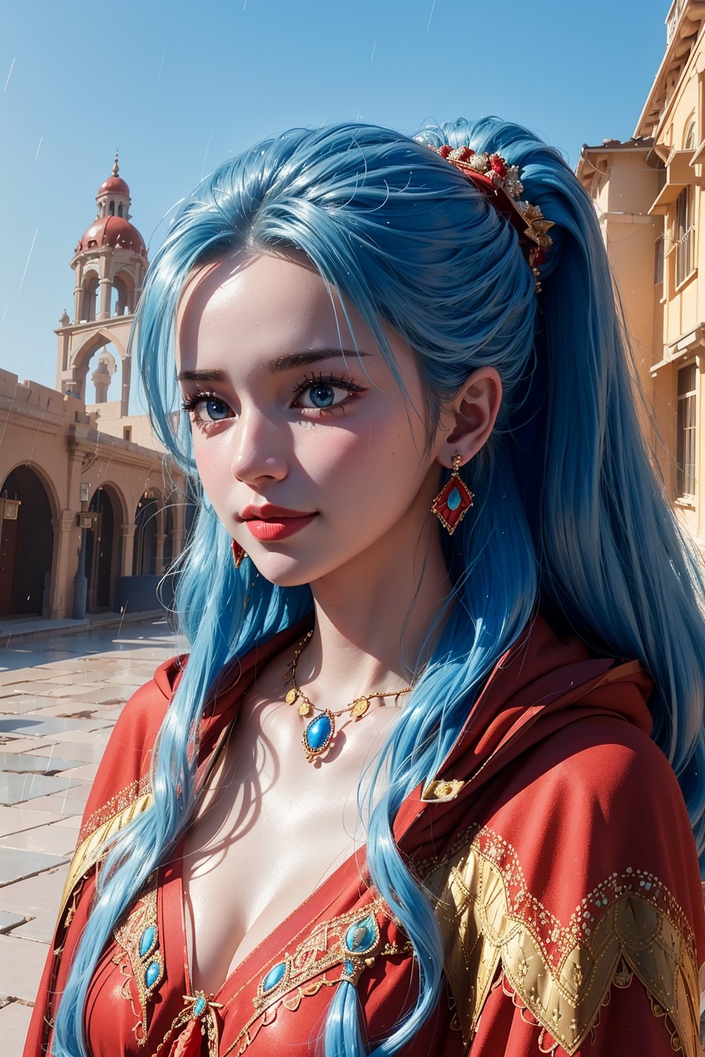 masterpiece, ((ultra detailed background, delicate pattern, intricate detail)), (highly detailed, fine details), best quality, beautiful lighting, (portrait), NefertariViviV3, 1girl, long hair, blue hair, solo, jewelry, earrings, ((red cape, white dress, simple dress)), ponytail, hair ornament, necklace, sky, blue eyes, complex detailed background, outside, sunny, desert town environment, buildings, town, market, hair lift, hands behind back, smile, (shiny oil skin:1.2),(gigantic breast:1.0),cleavage outent,NefertariViviV3, light blue hair, ,More Detail,running,rush raining(water drop:0.8),foggy,