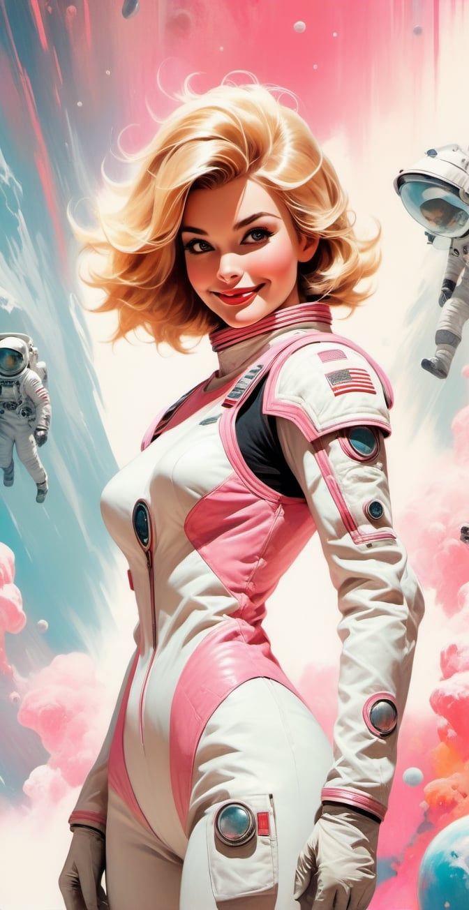 vintage comic book illustration of a astronaut woman at a dystopian frozen planet, wearing white astronaut suit, astronaut helmet, only one woman, short blonde with pink highlights hair, tattooed body, frozen planet in background, aliens in background, sexy body, detailed gorgeous face, Showing small breast under the suit, Full body, apocalyptic environment, exquisite detail, 30-megapixel, 4k, Flat vector art, Vector illustration, Illustration,, smile, (oil shiny skin:1.3), (huge_boobs:2.0), willowy, chiseled, (hunky:2.2), body rotation 90 degree, (perfect anatomy, prefecthand, dress, long fingers, 4 fingers, 1 thumb), 9 head body lenth, dynamic sexy pose, breast apart, ((full body:0.6)), (artistic pose of a woman),DonMF43Dr4g0n ,chrometech,girl,surface imperfections,dripping paint,photo r3al,more detail XL,abstact,colorful