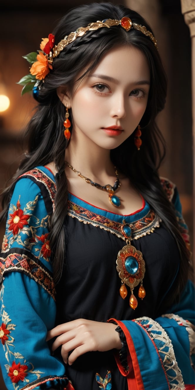 ((medium shot)), Super detailed, super realistic, beastly,beautiful Nordic girl, wears old folk costume, long straight black hair, Yakuts folk costume, beautiful crystal blue eyes, almond eyes, intricate textile decorated with colorful and intricate geometric patterns, arm ornamentation, decorative embroidery. Beautiful crystal blue eyes, almond eyes, intricate fabrics decorated with colorful and intricate geometric patterns, clothes in earth colors such as White red and green,,aw0k euphoric style, ,perfect likeness of TaisaSDXL,dal, smile, (oil shiny skin:1.3), (huge_boobs:2.7), willowy, chiseled, (hunky:2.4), body turn -46 degree, (perfect anatomy, prefecthand, dress, long fingers, 4 fingers, 1 thumb), 9 head body lenth, dynamic sexy pose, breast apart, ((medium shot)), (artistic pose of a woman),chrometech,surface imperfections,DonMChr0m4t3rr4XL ,Leonardo Style,fire element,composed of fire elements,abyssaltech ,Gold Edged Black Rose,dissolving,abyss,ct-niji2,Strong Backlit Particles,DonMCyb3rSp4c3XL,A girl dancing ,more detail XL