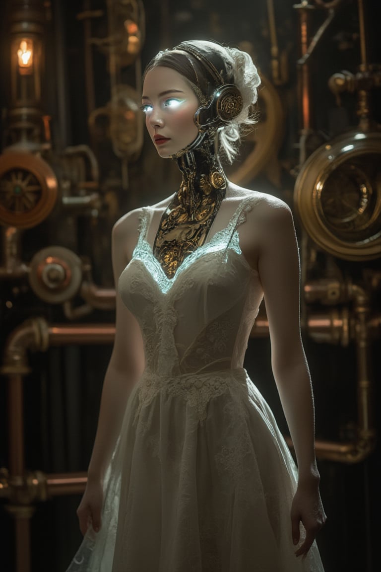 Upper body,In a dimly lit, Victorian-era inspired setting, a stunning clockwork automaton woman stands poised, surrounded by intricate copper pipes, brass fixtures, and vintage machinery. Her porcelain-like skin glistens in the warm lighting, showcasing the subtle play of gears beneath her delicate features. A flowing, lace-trimmed dress hugs her hourglass figure, while steam-powered mechanisms hum softly, subtly animating her movements. Her eyes, aglow with an ethereal light, exude intelligence and mystery as she stands, poised like a timepiece, embodying the essence of steampunk artistry.