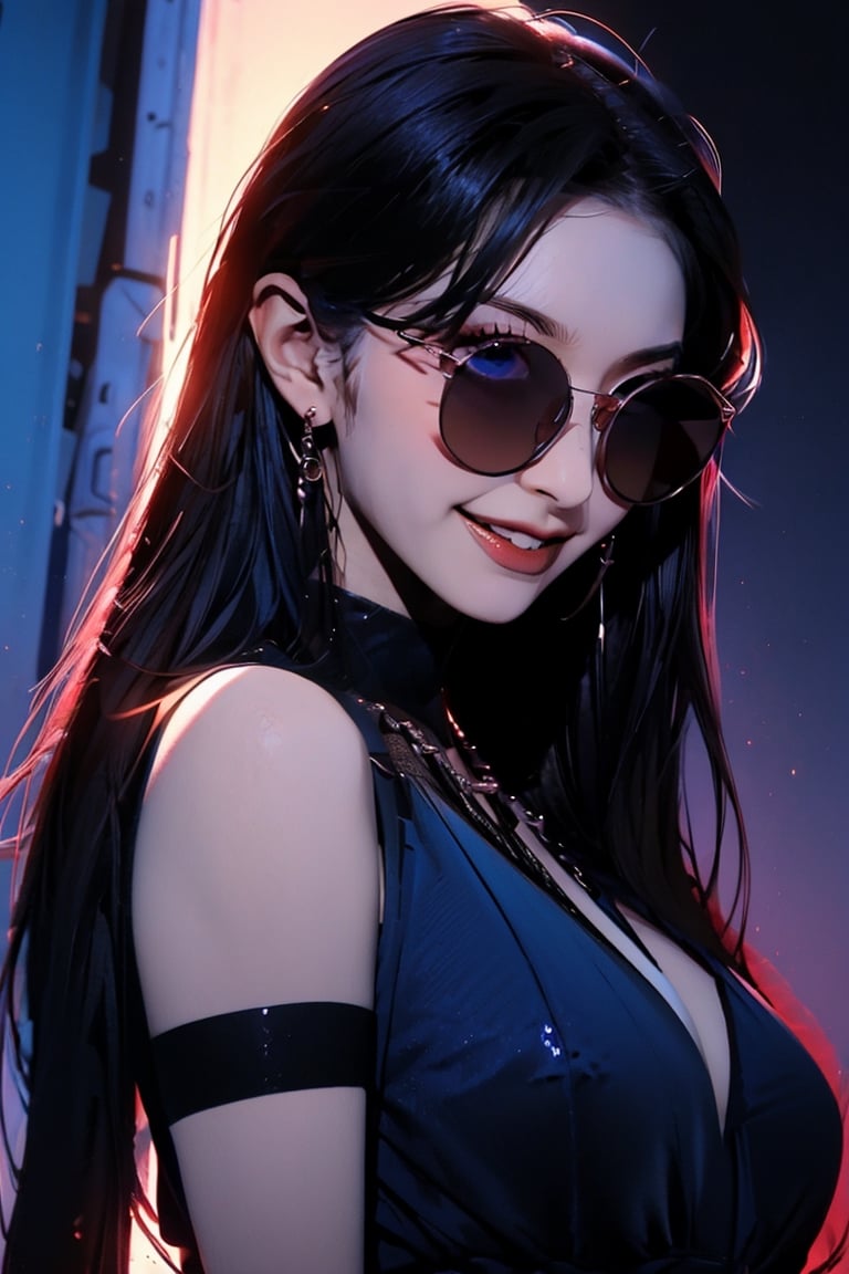 ,  absurdres, upper body, (night market background,), sunglasses, 1girl, solo, looking at viewer, tinted eyewear, blue theme, looking over eyewear, blue-tinted eyewear, black dress, sleeveless, smile, (oil shiny skin:0.8), (big breast:0.8), (perfect anatomy, prefecthand, long fingers, 4 fingers, 1 thumb), 9 head body lenth, breast apart, looking at viewer, (upper_body:1.2), (view_from_side:0.8),  ,more detail 